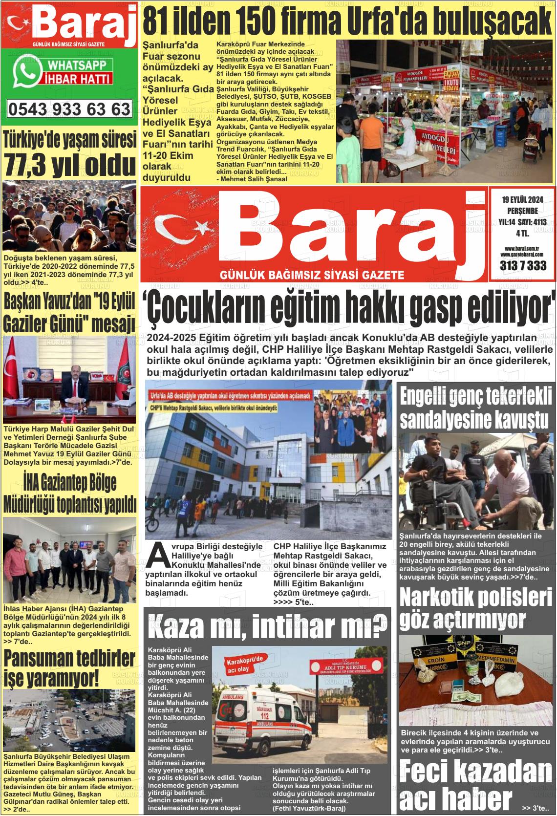 19 Eylül 2024 Baraj Gazete Manşeti