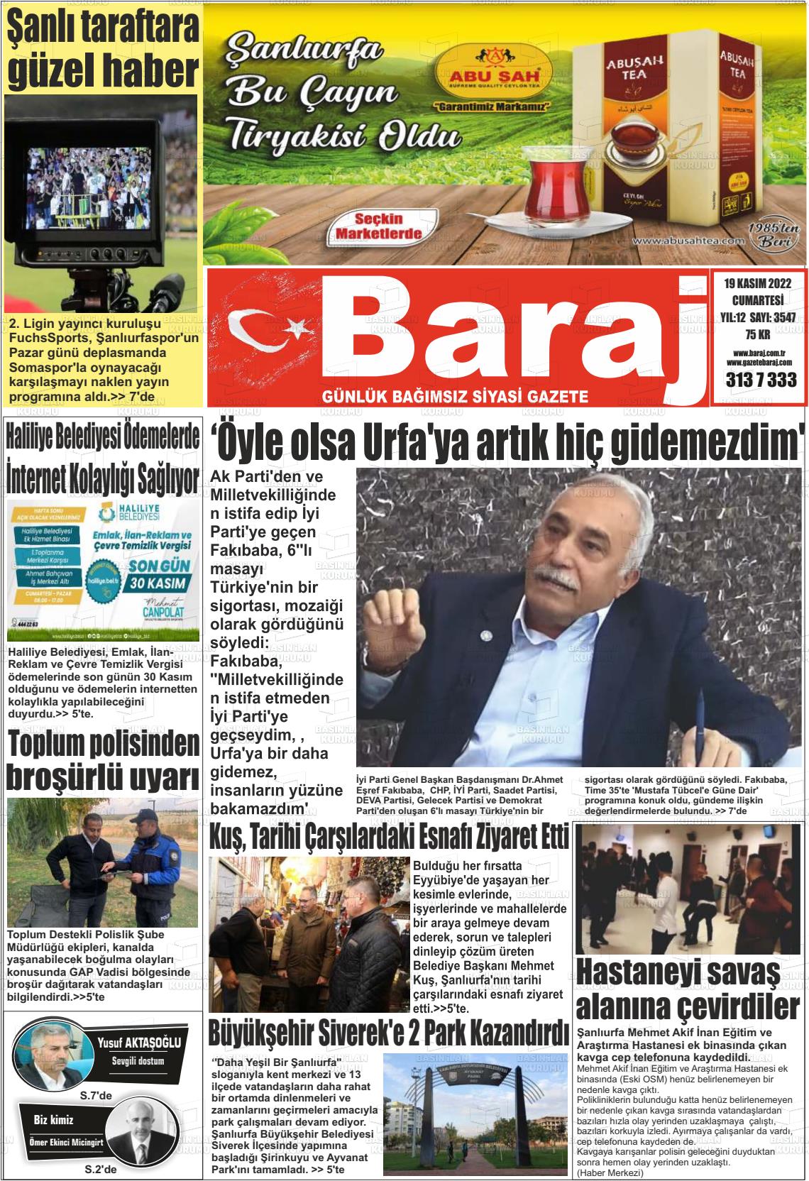 19 Kasım 2022 Baraj Gazete Manşeti