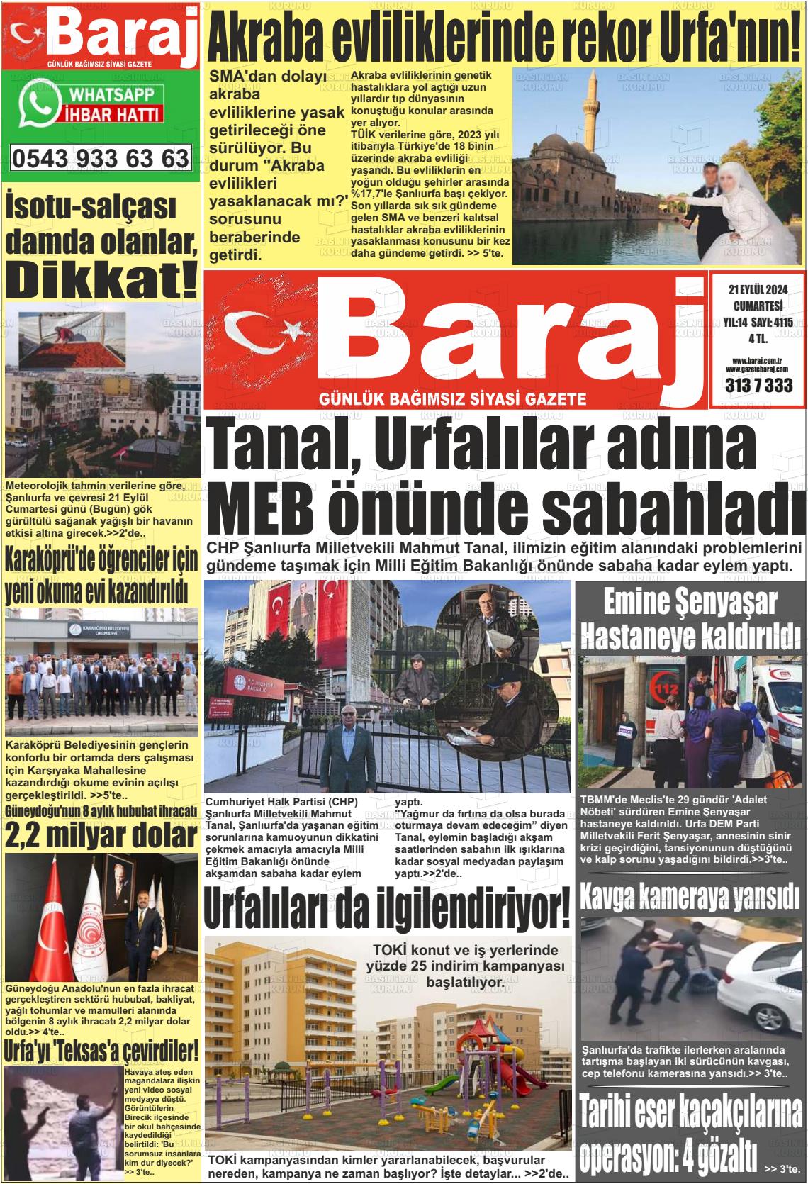 21 Eylül 2024 Baraj Gazete Manşeti