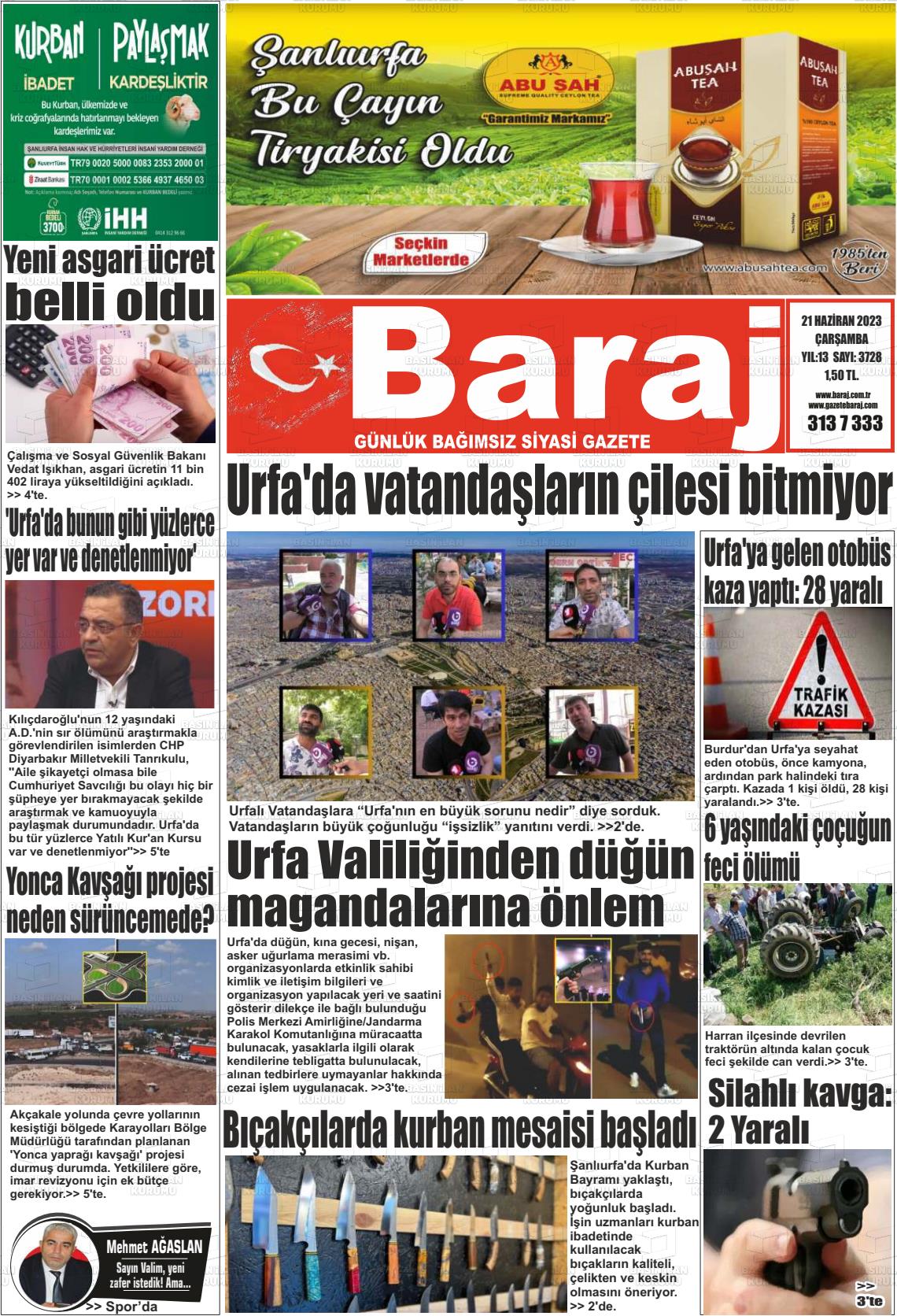 21 Haziran 2023 Baraj Gazete Manşeti