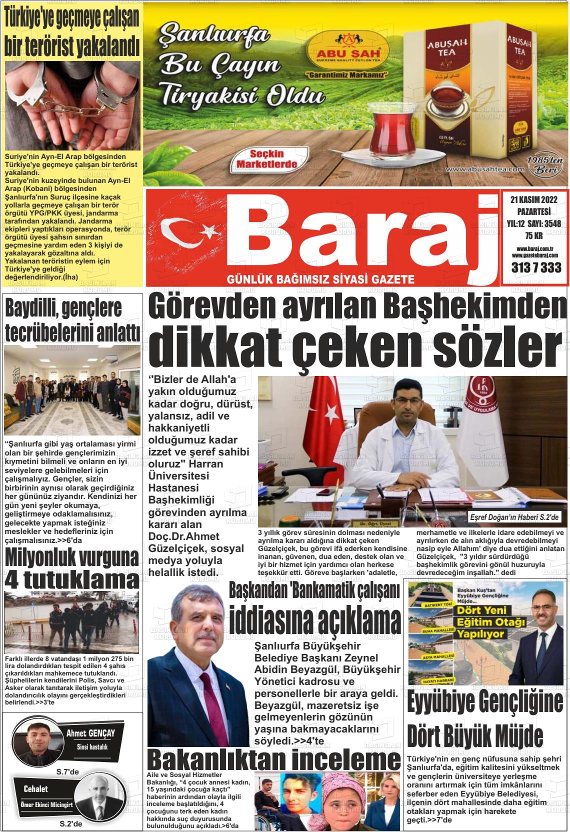 21 Kasım 2022 Baraj Gazete Manşeti