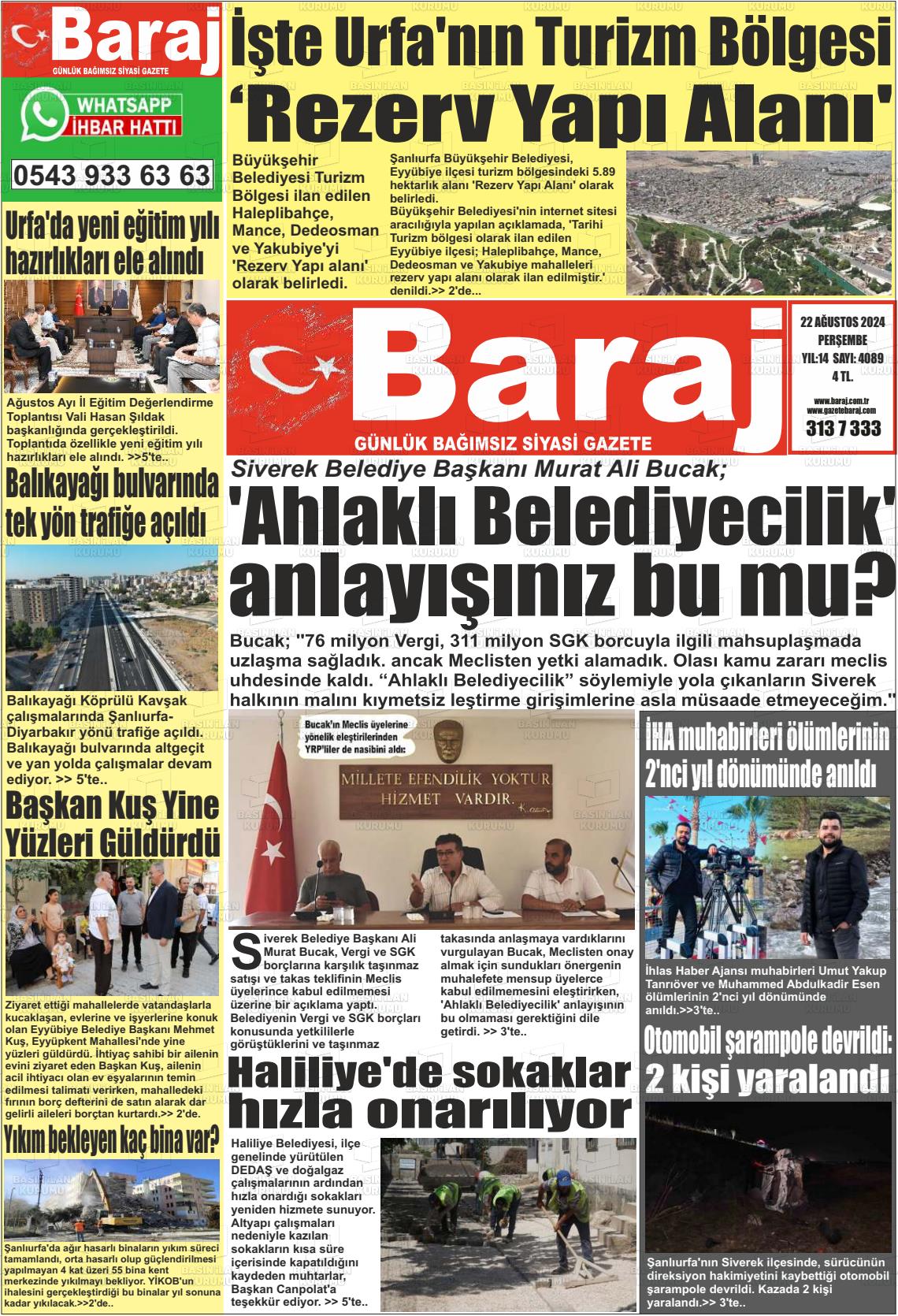 22 Ağustos 2024 Baraj Gazete Manşeti