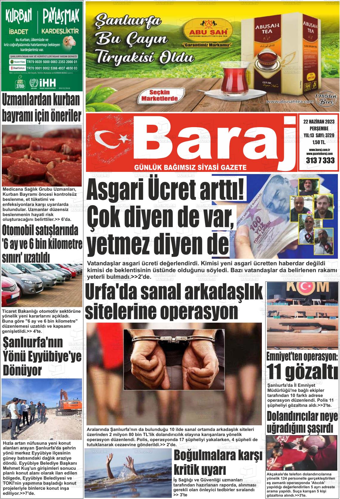 22 Haziran 2023 Baraj Gazete Manşeti