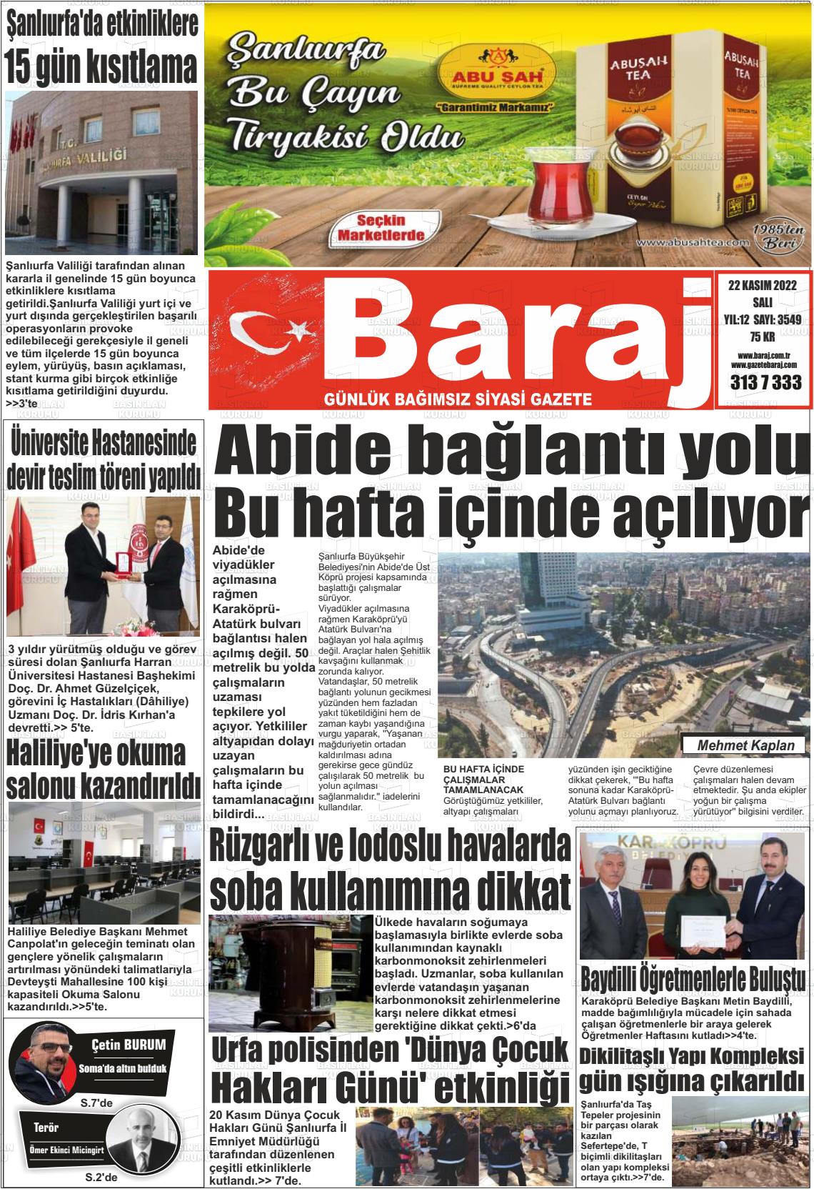 22 Kasım 2022 Baraj Gazete Manşeti