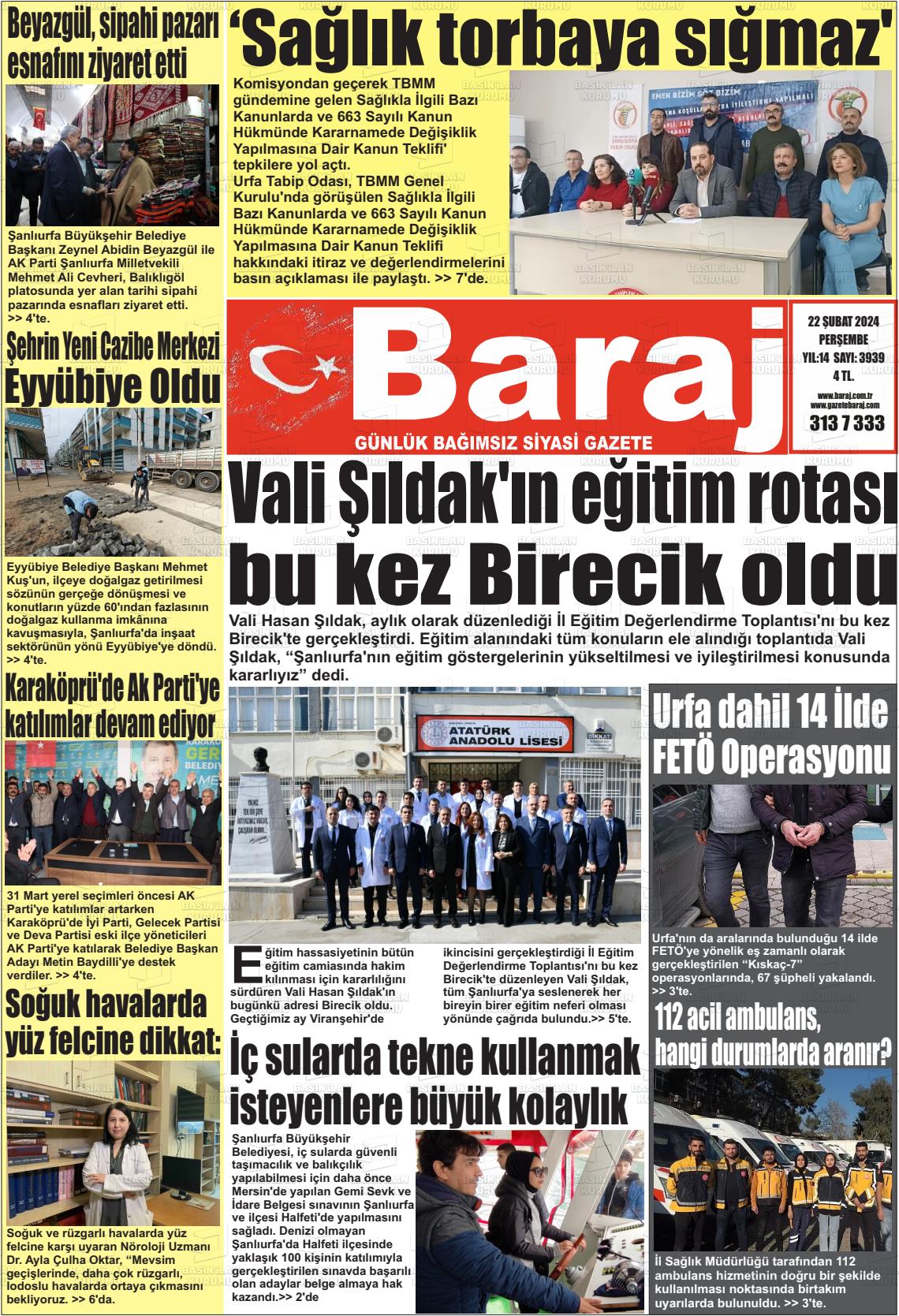 22 Şubat 2024 Baraj Gazete Manşeti