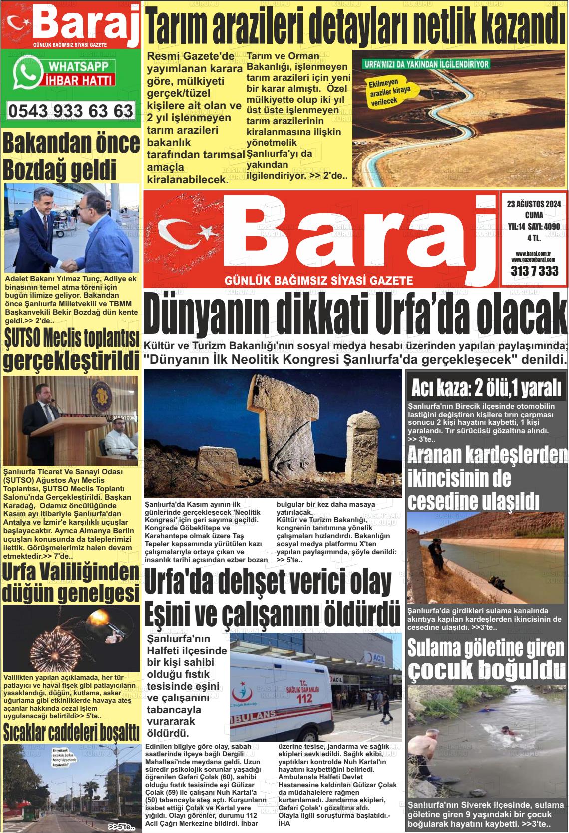 23 Ağustos 2024 Baraj Gazete Manşeti