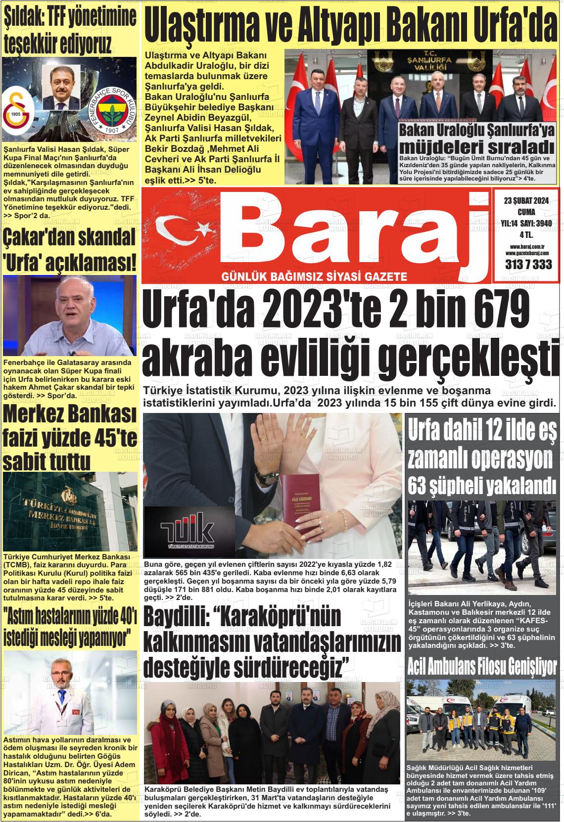 23 Şubat 2024 Baraj Gazete Manşeti