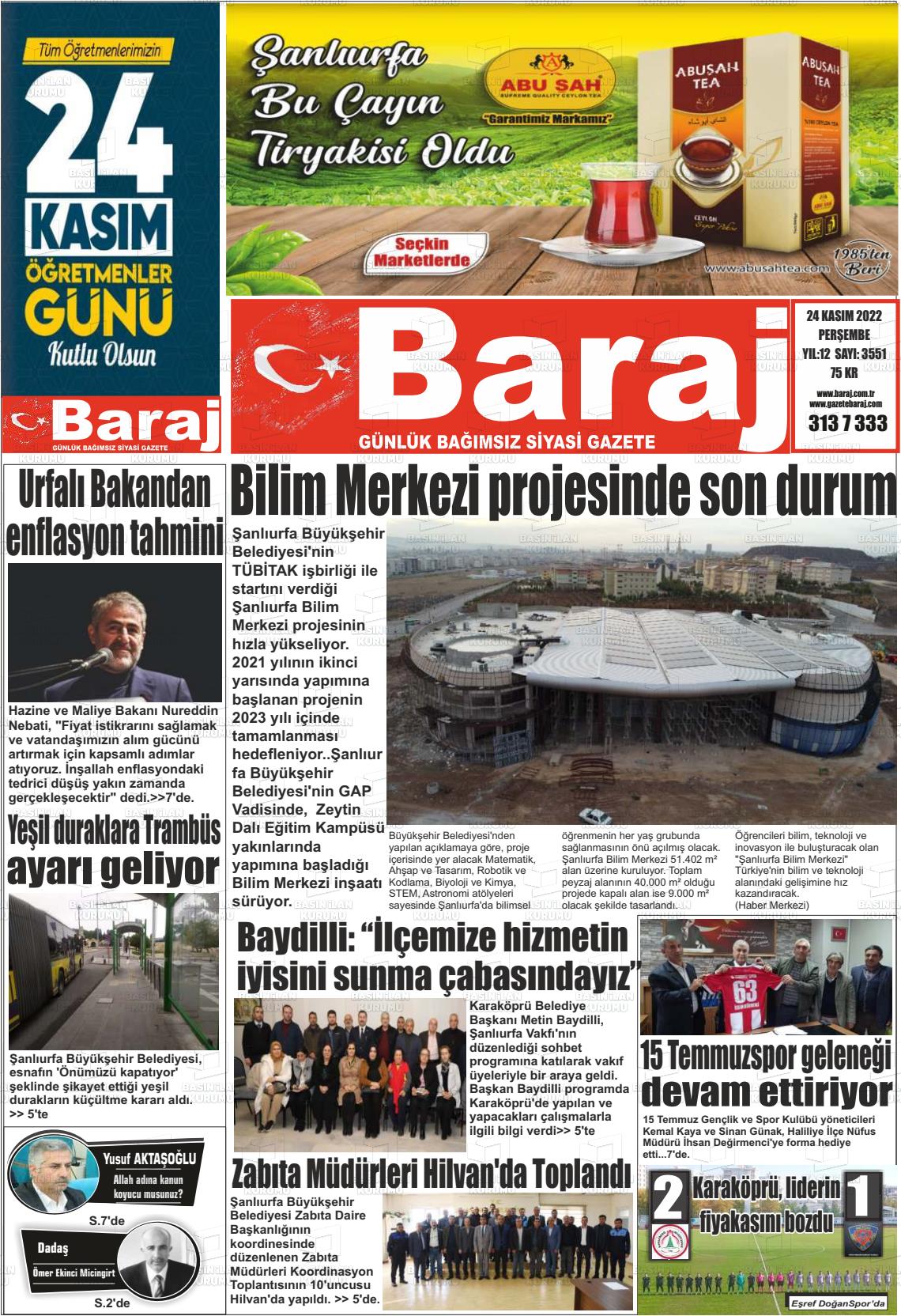 24 Kasım 2022 Baraj Gazete Manşeti