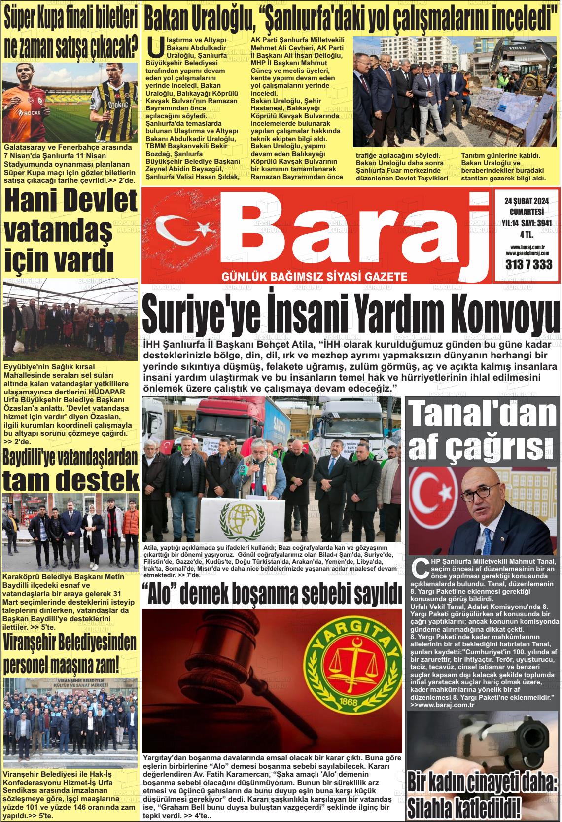 24 Şubat 2024 Baraj Gazete Manşeti