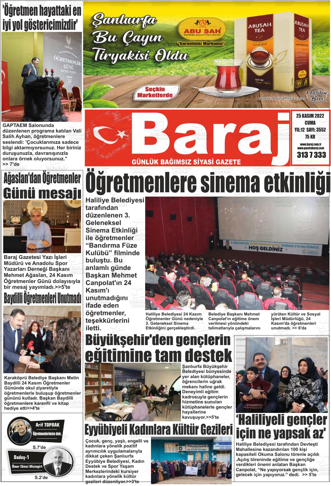 25 Kasım 2022 Baraj Gazete Manşeti