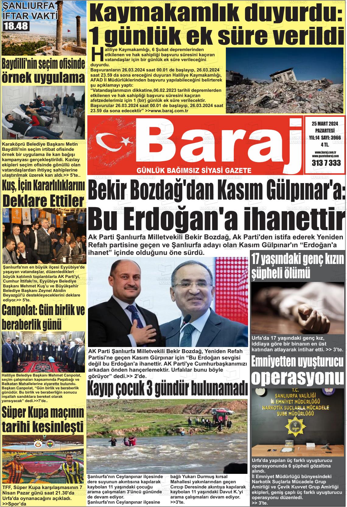 25 Mart 2024 Baraj Gazete Manşeti