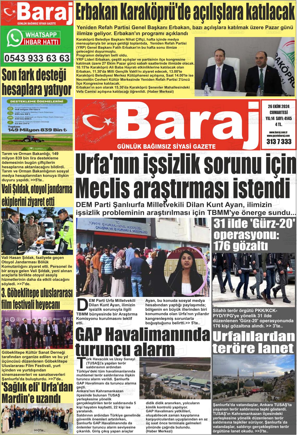 26 Ekim 2024 Baraj Gazete Manşeti