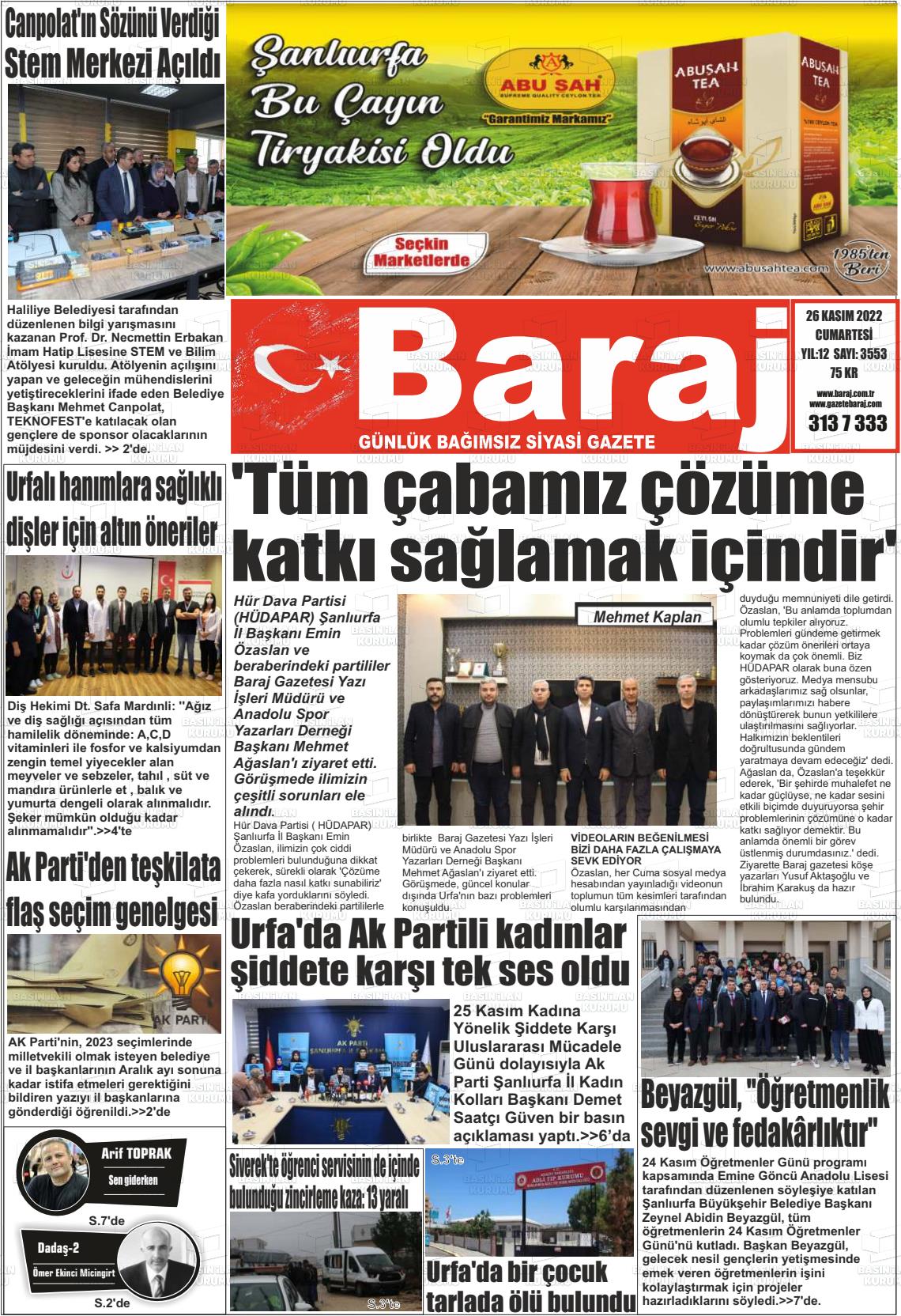 26 Kasım 2022 Baraj Gazete Manşeti