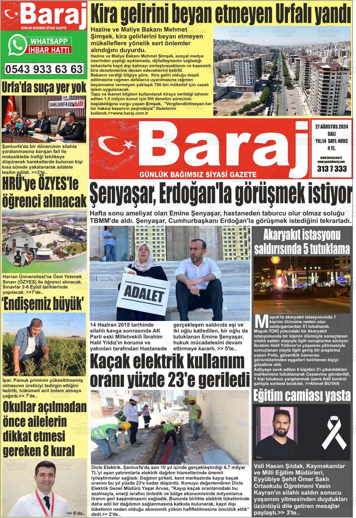 27 Ağustos 2024 Baraj Gazete Manşeti