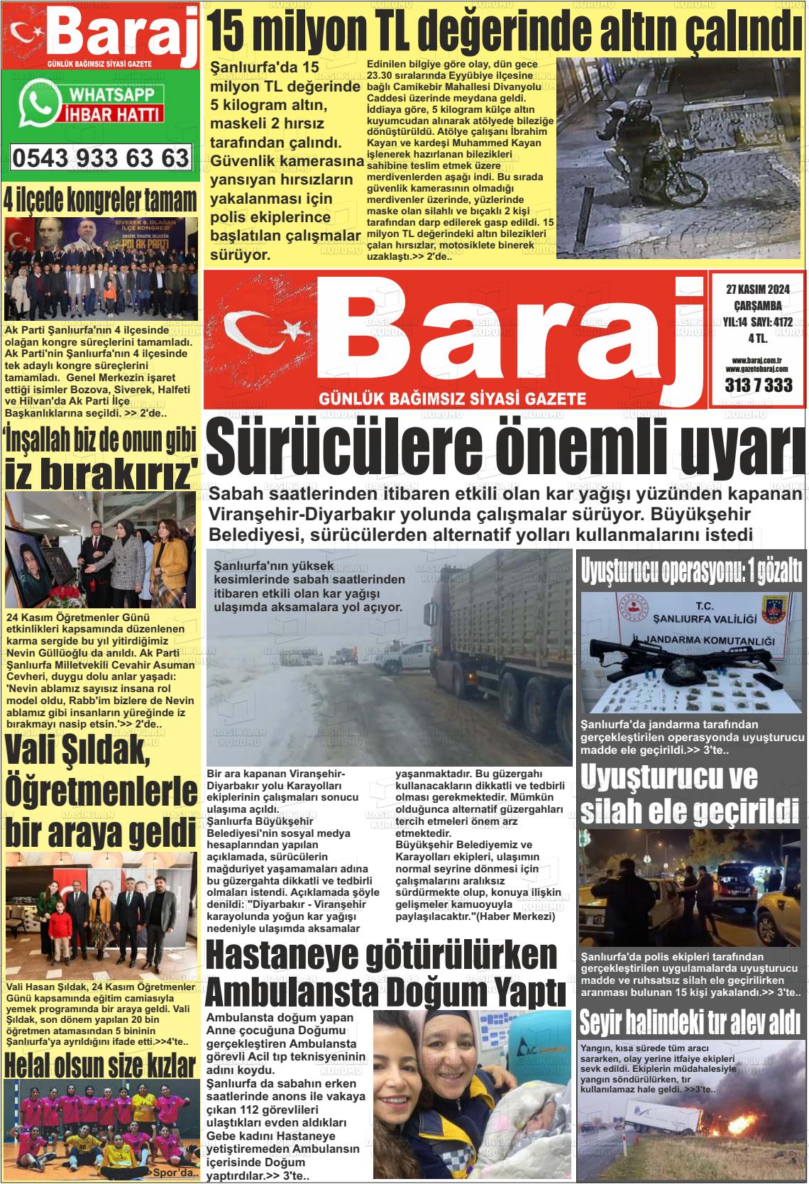 27 Kasım 2024 Baraj Gazete Manşeti