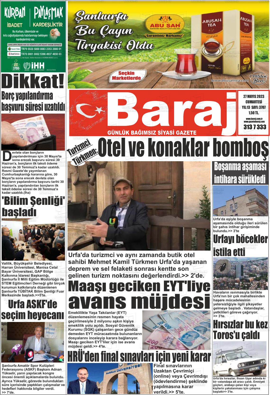 27 Mayıs 2023 Baraj Gazete Manşeti