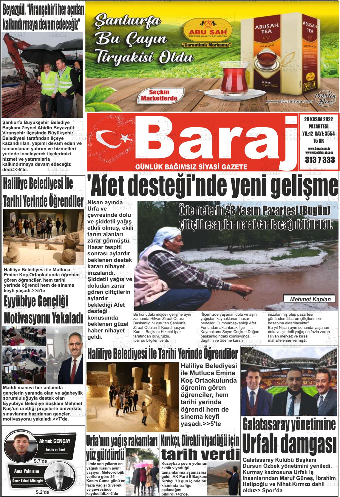 28 Kasım 2022 Baraj Gazete Manşeti