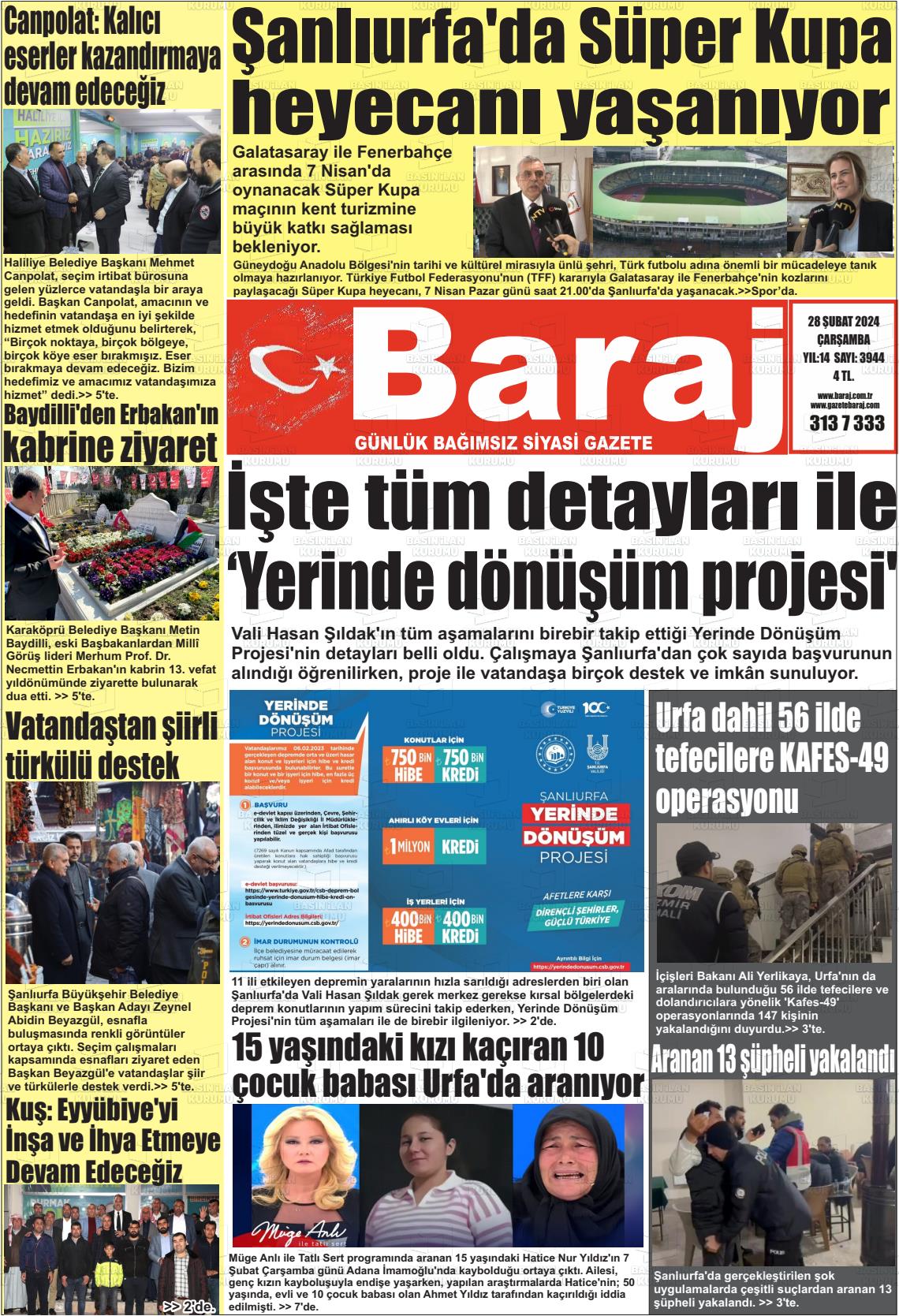 28 Şubat 2024 Baraj Gazete Manşeti