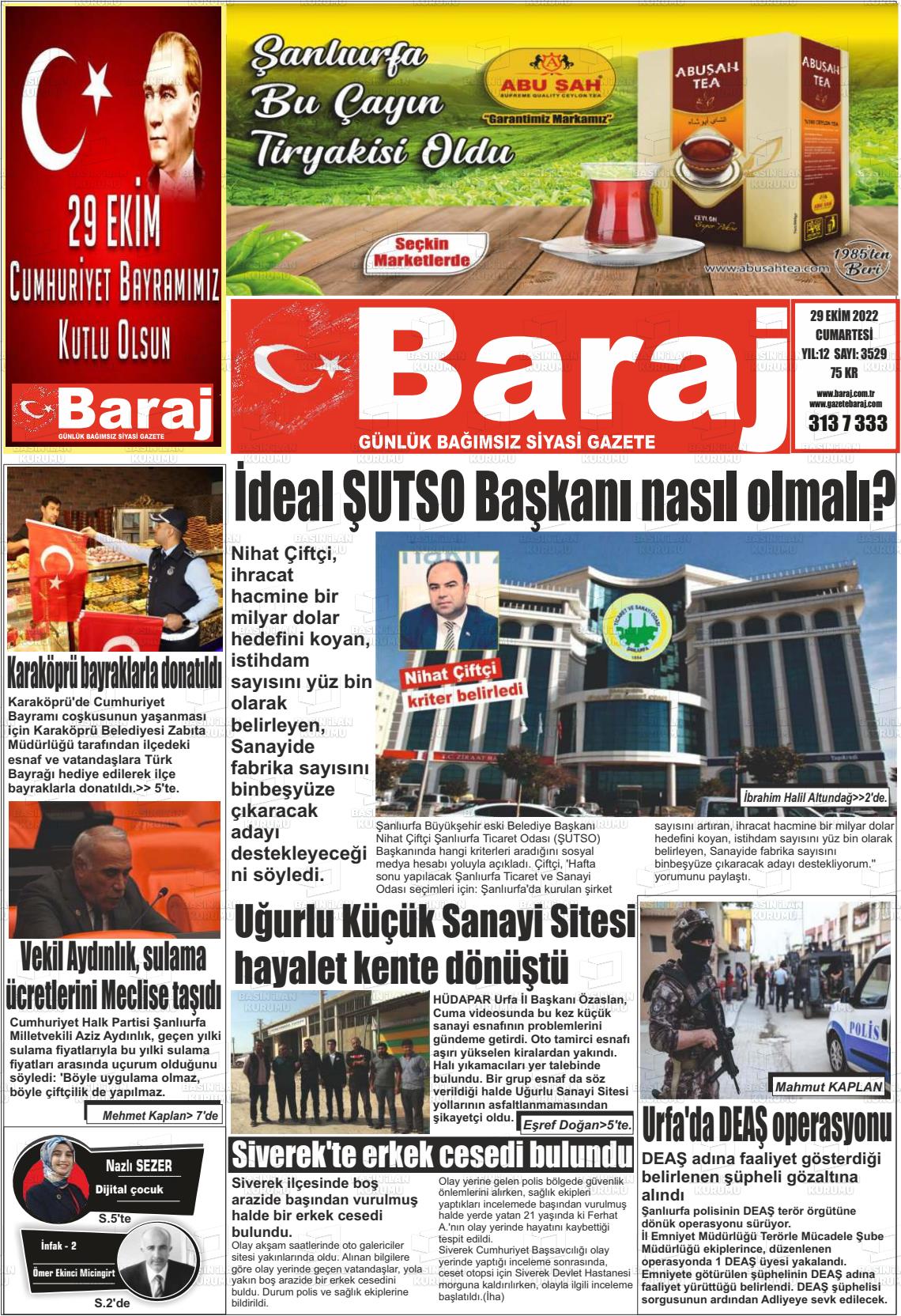 30 Ekim 2022 Baraj Gazete Manşeti