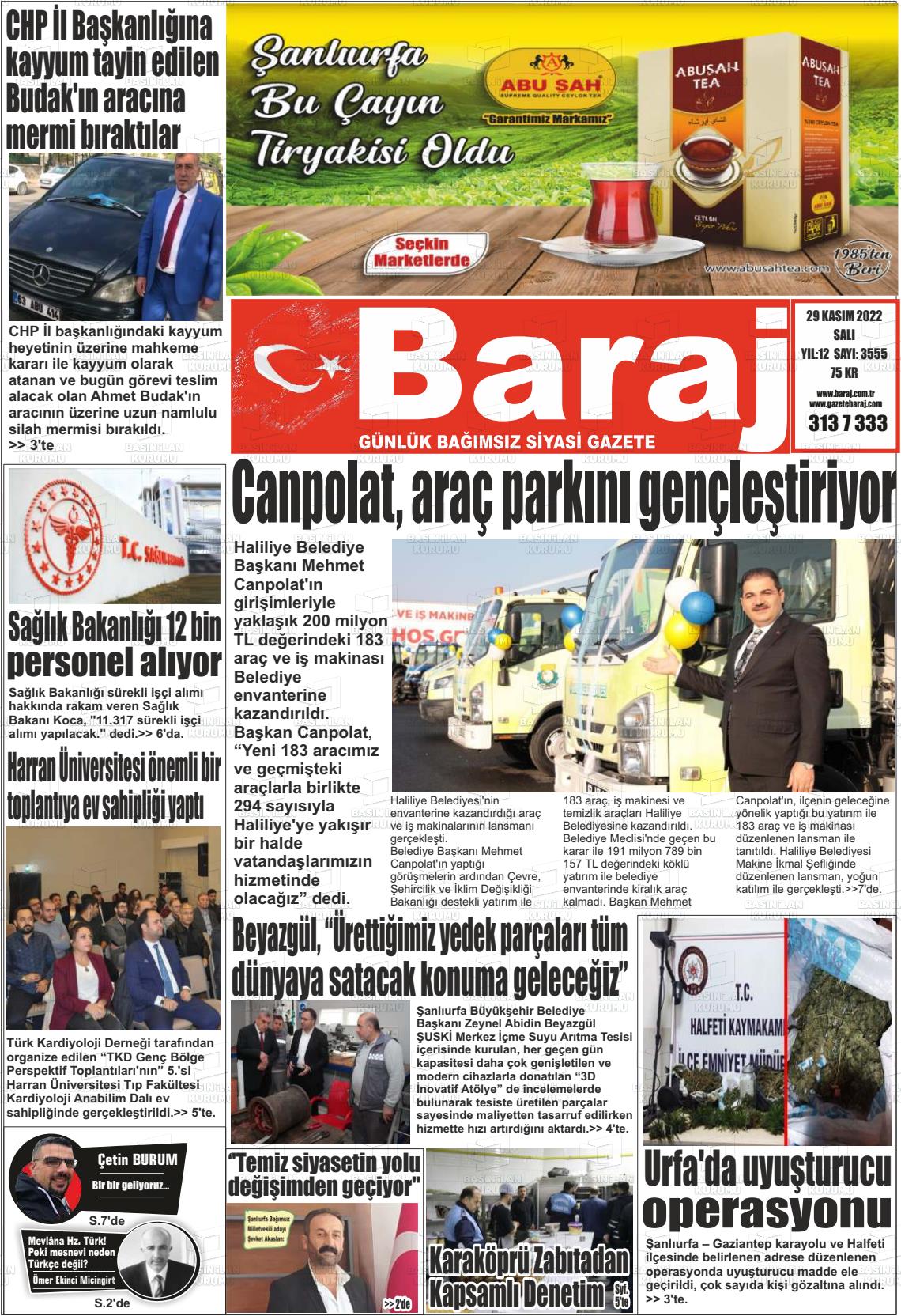 29 Kasım 2022 Baraj Gazete Manşeti
