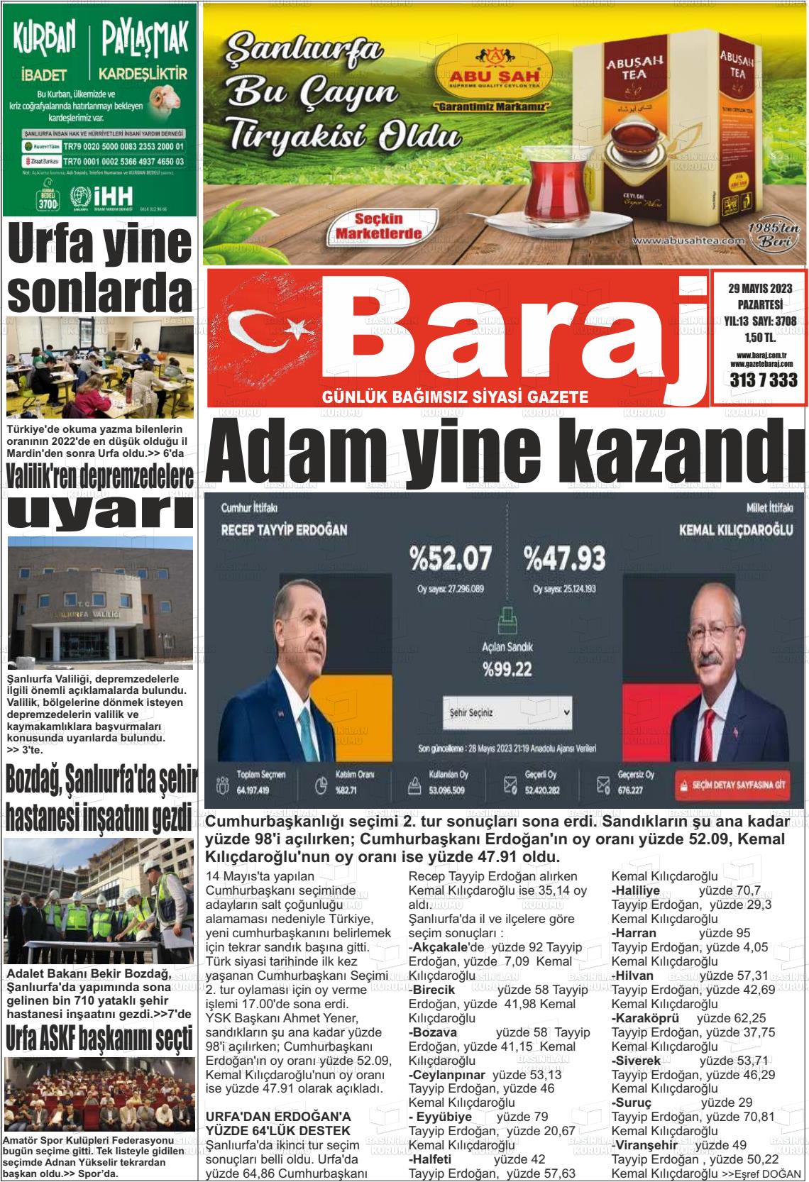 29 Mayıs 2023 Baraj Gazete Manşeti