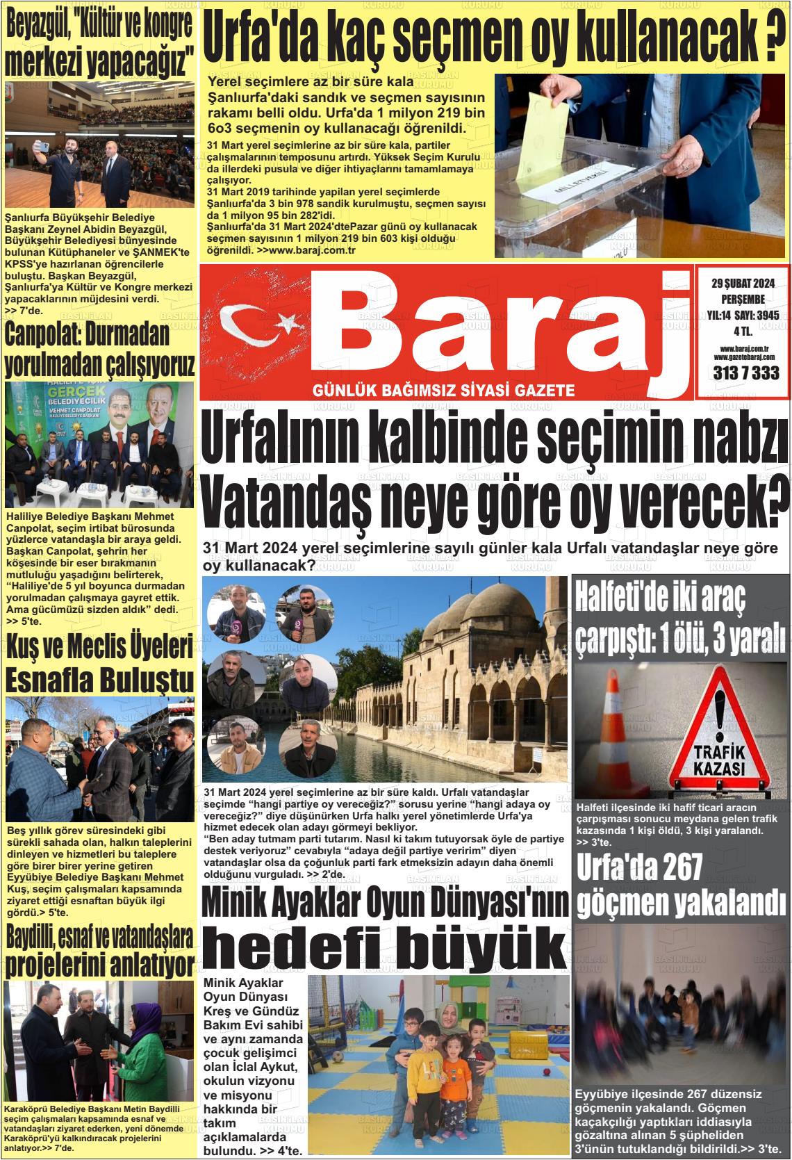 29 Şubat 2024 Baraj Gazete Manşeti