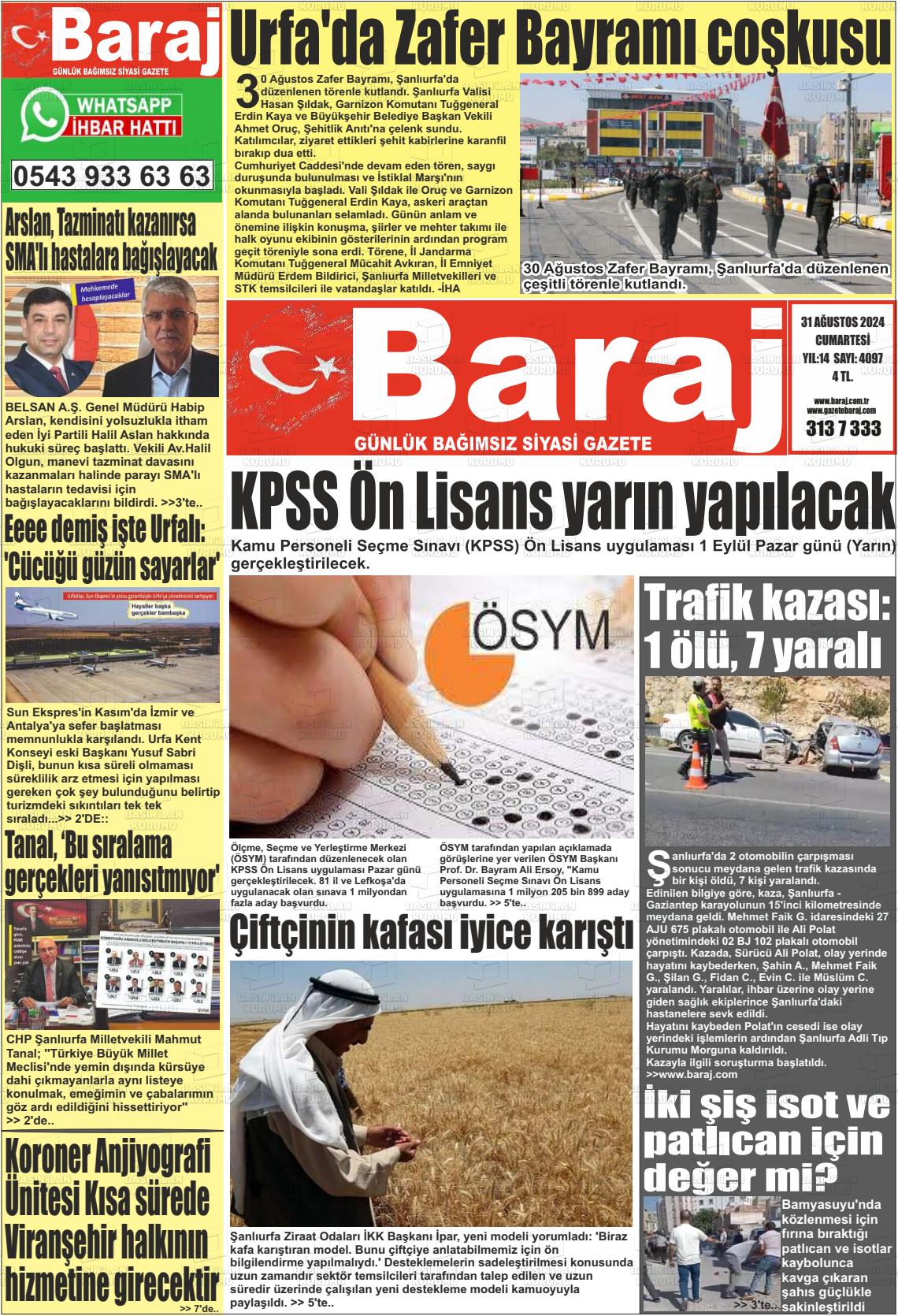 31 Ağustos 2024 Baraj Gazete Manşeti