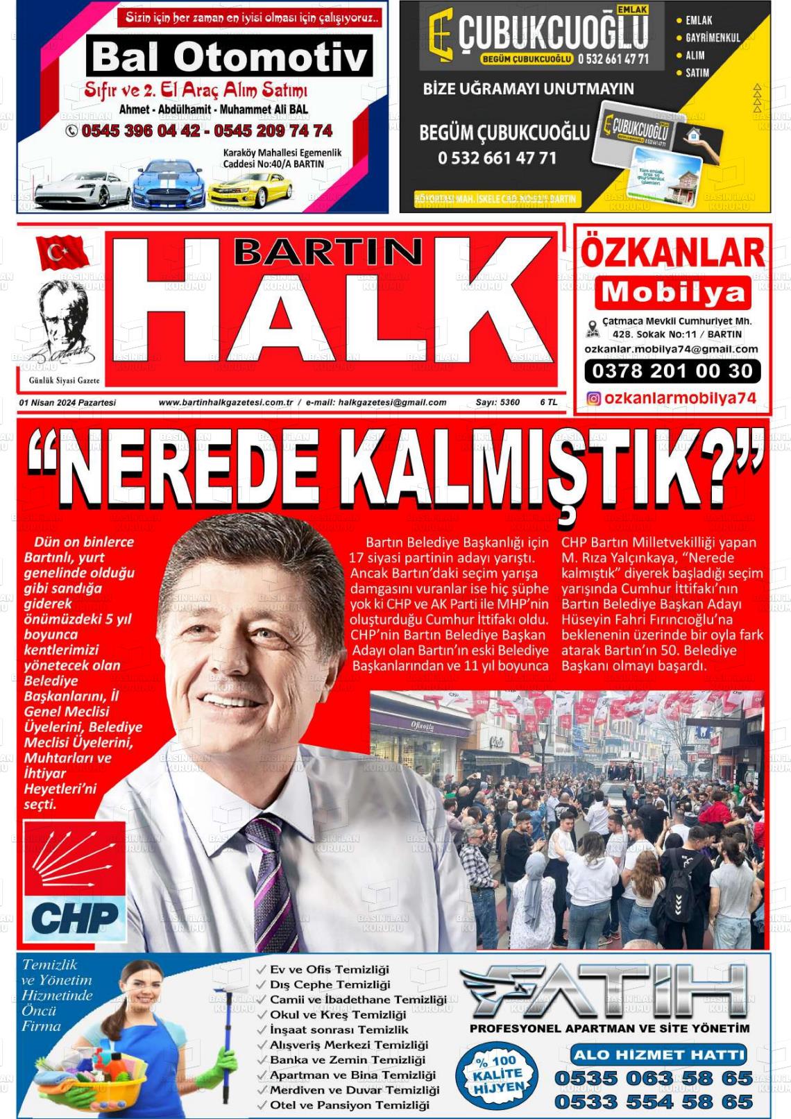 01 Nisan 2024 Bartın Halk Gazete Manşeti