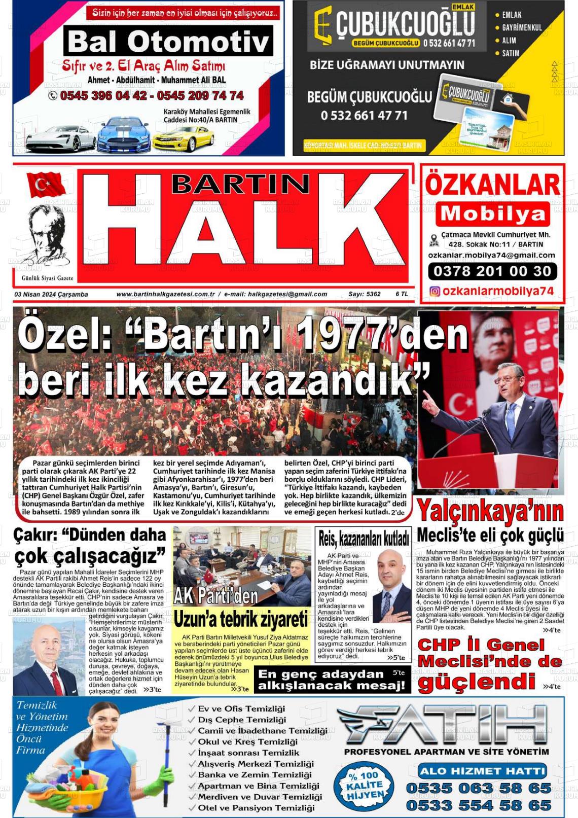 03 Nisan 2024 Bartın Halk Gazete Manşeti