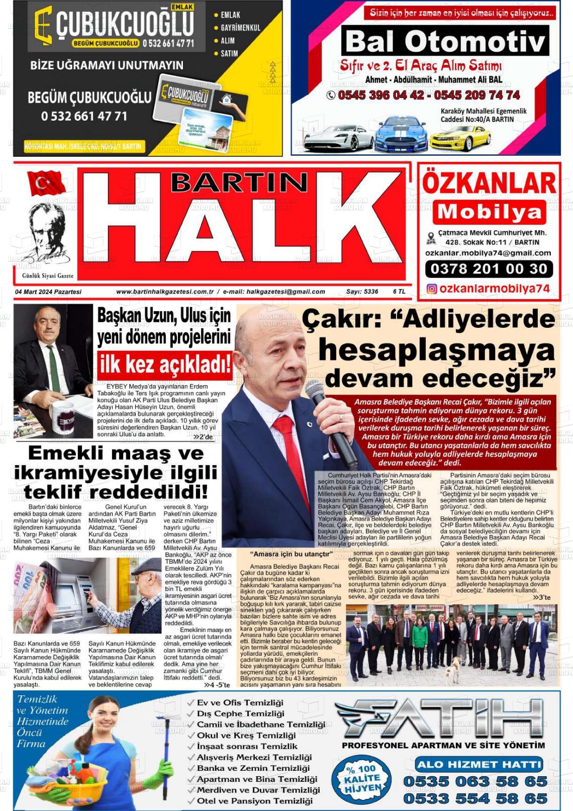 04 Mart 2024 Bartın Halk Gazete Manşeti