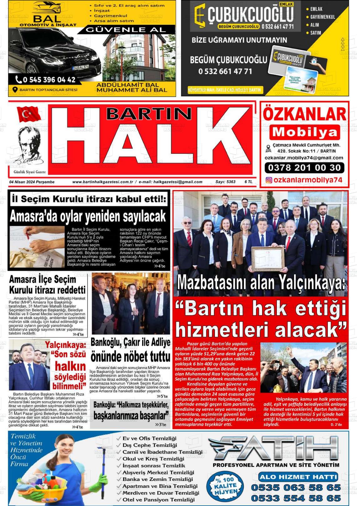 04 Nisan 2024 Bartın Halk Gazete Manşeti