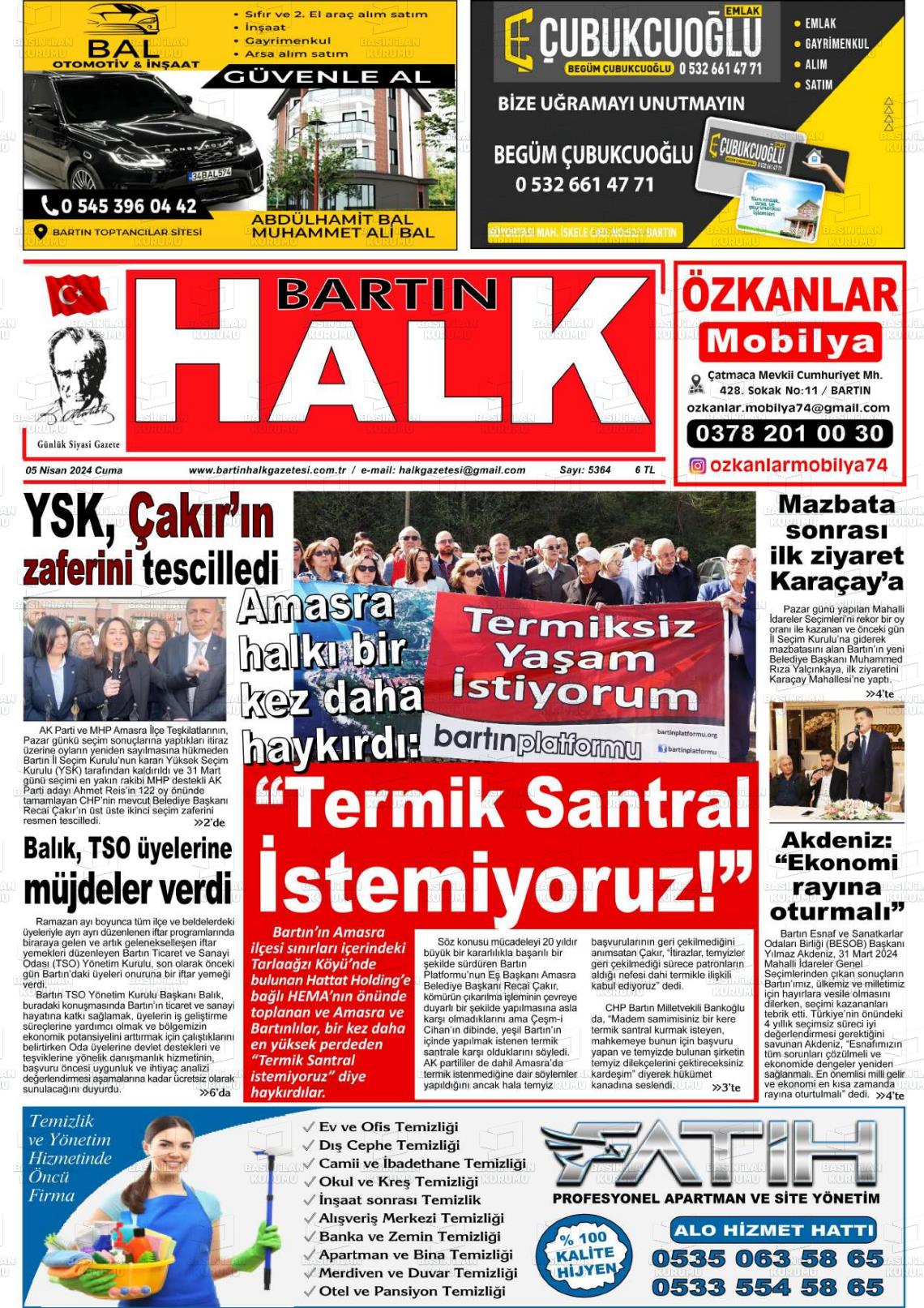 05 Nisan 2024 Bartın Halk Gazete Manşeti