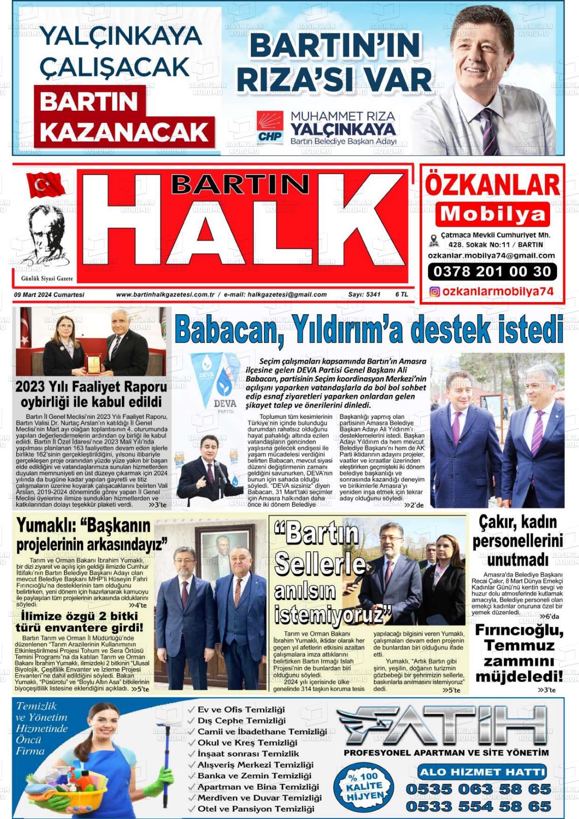 09 Mart 2024 Bartın Halk Gazete Manşeti