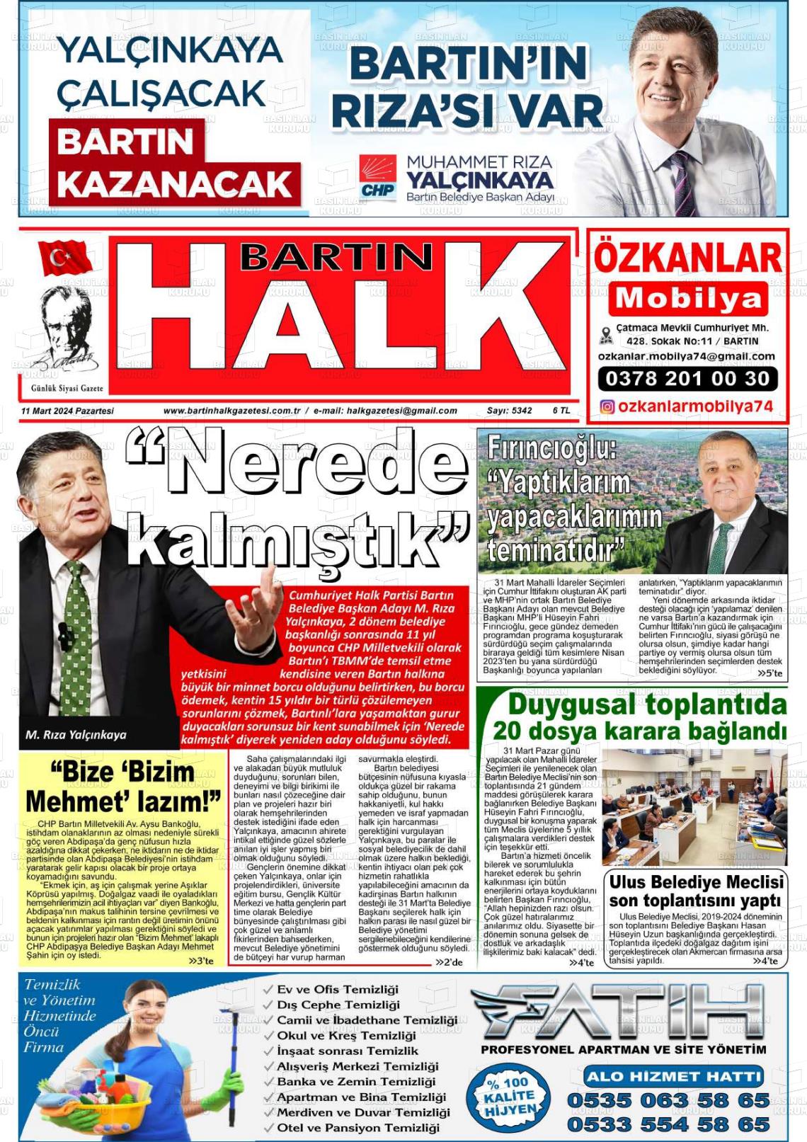 11 Mart 2024 Bartın Halk Gazete Manşeti