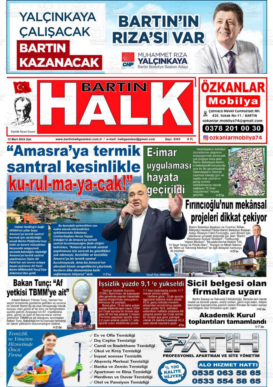 12 Mart 2024 Bartın Halk Gazete Manşeti