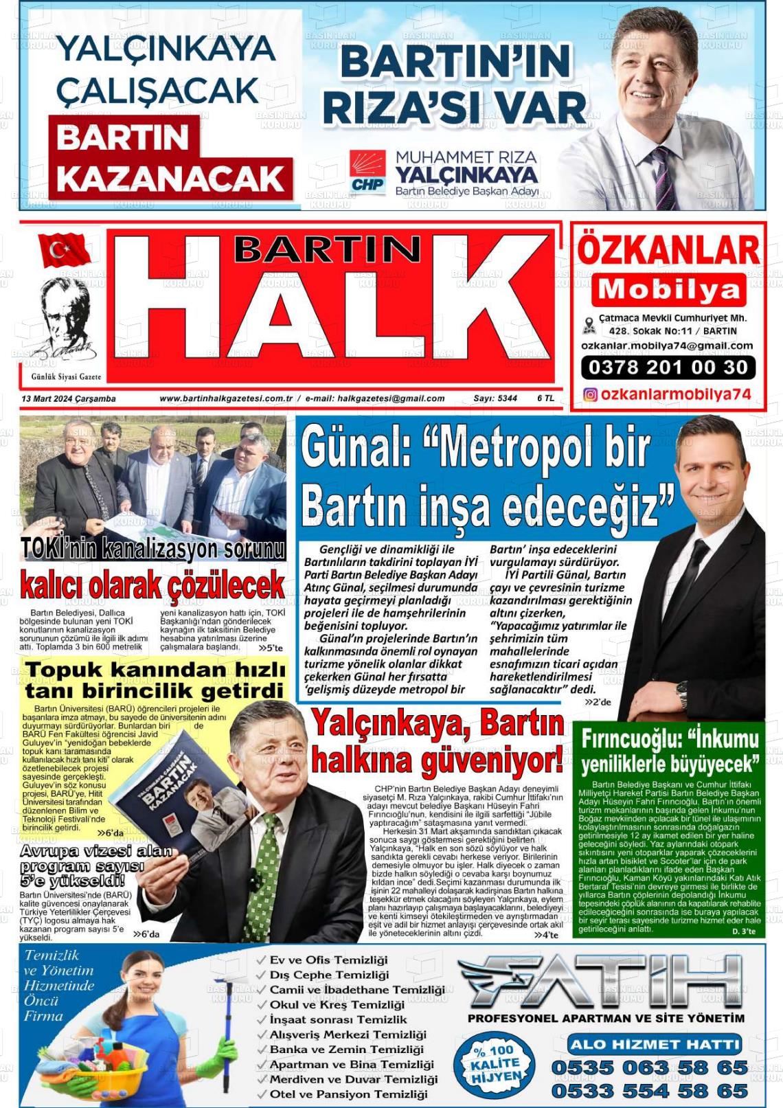 13 Mart 2024 Bartın Halk Gazete Manşeti