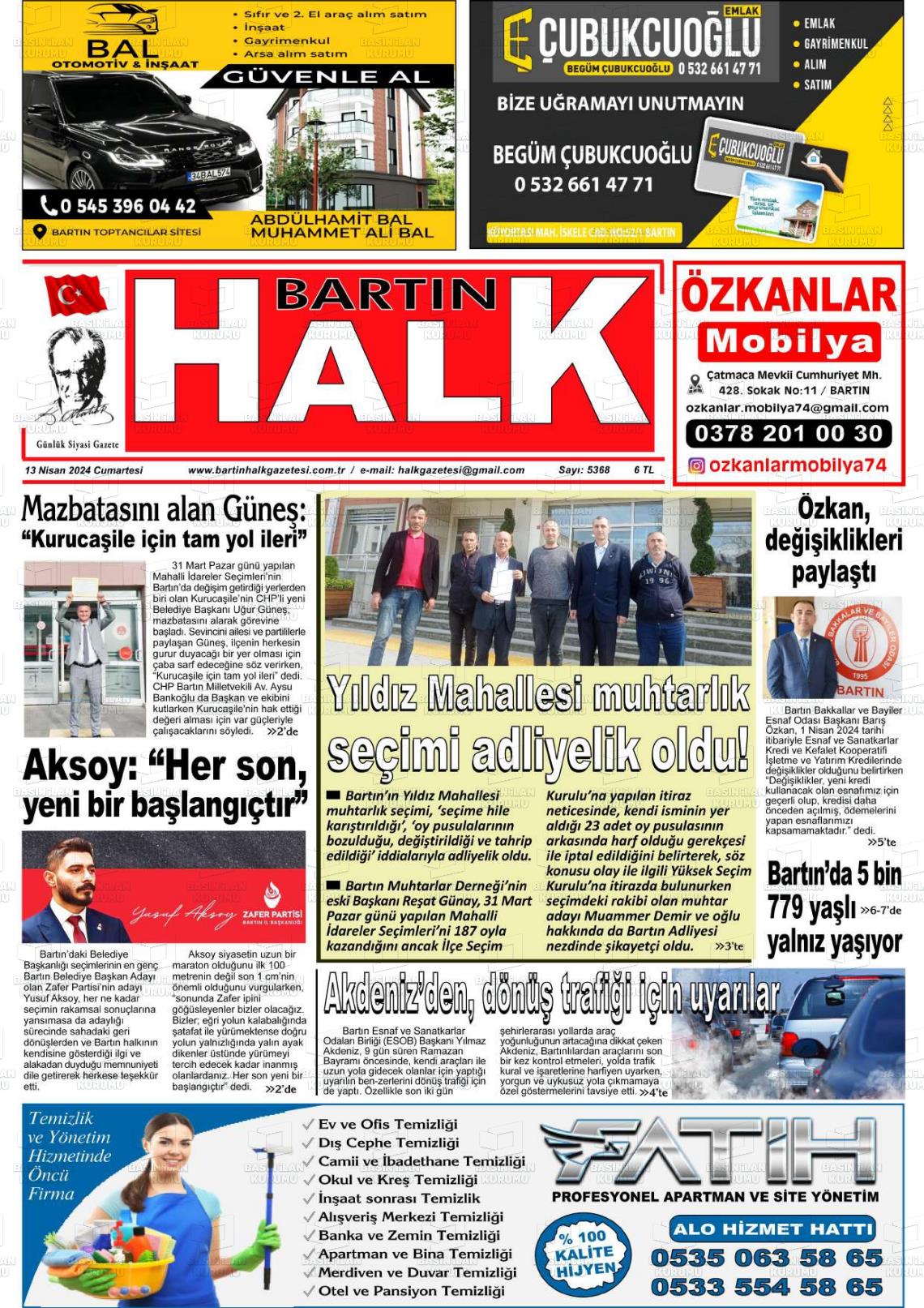 13 Nisan 2024 Bartın Halk Gazete Manşeti