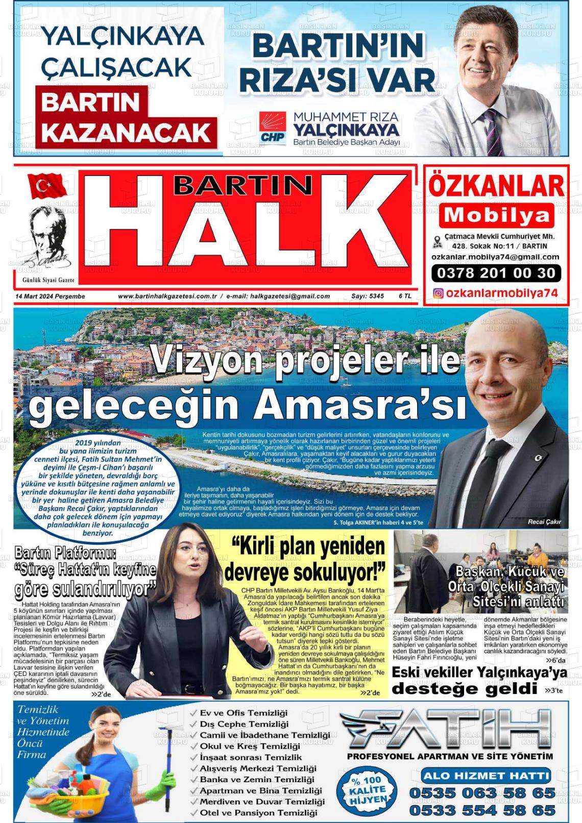 14 Mart 2024 Bartın Halk Gazete Manşeti