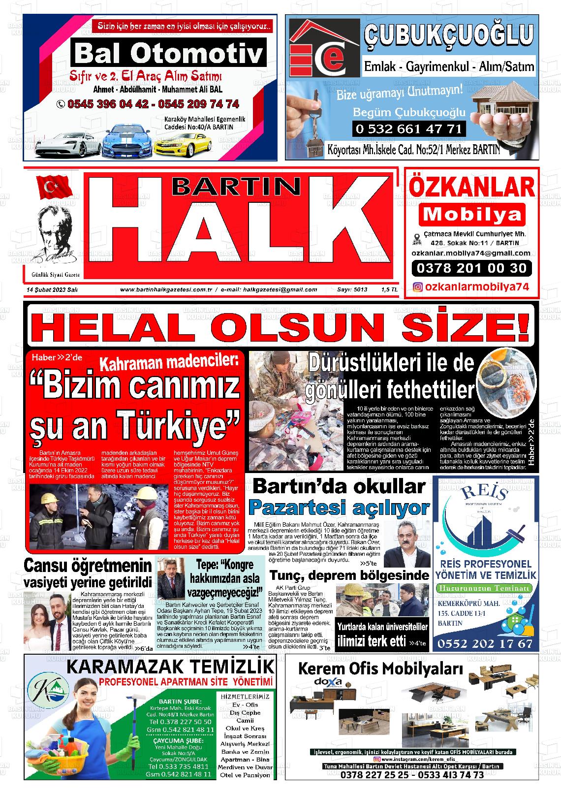 14 Şubat 2023 Bartın Halk Gazete Manşeti