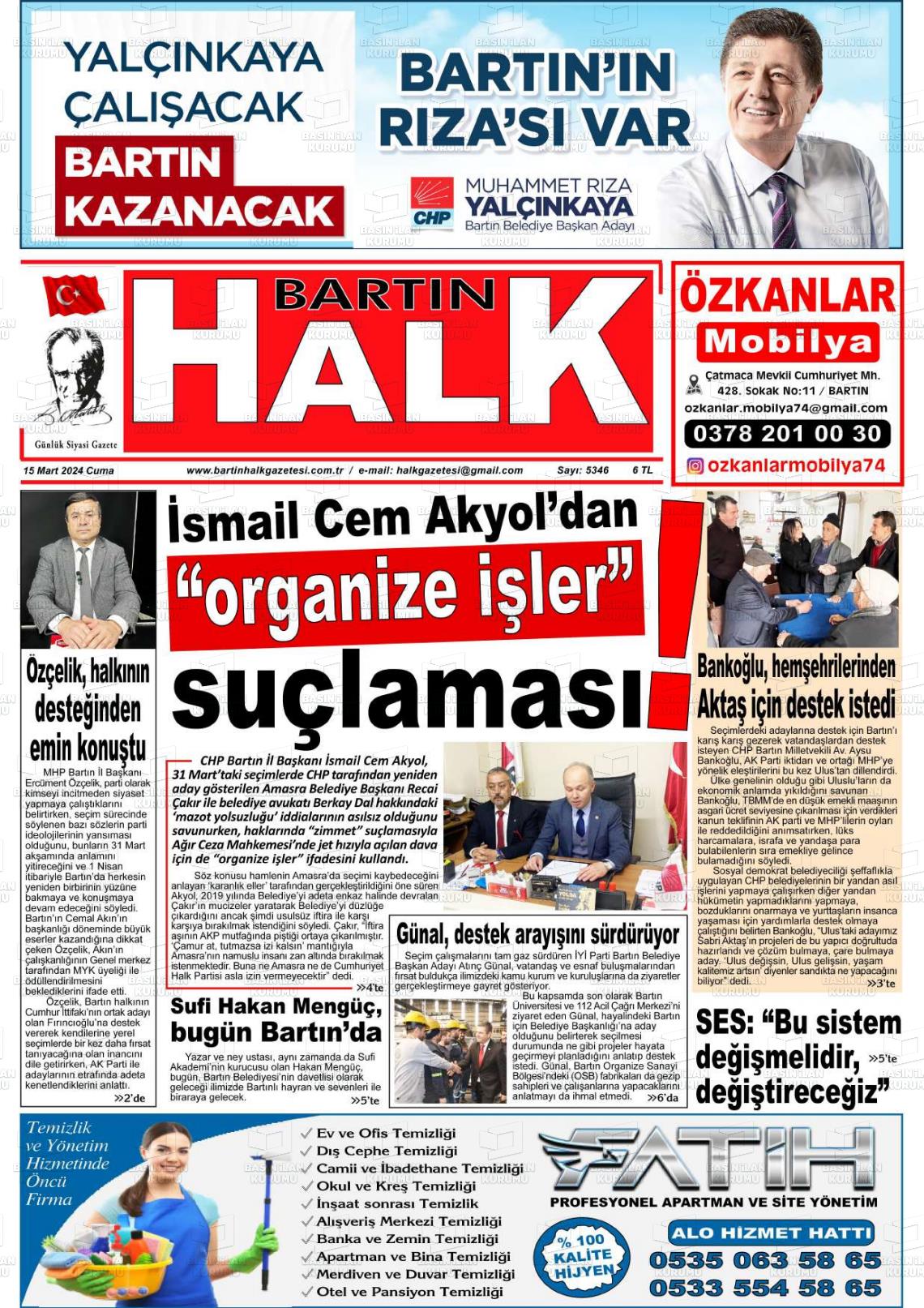 15 Mart 2024 Bartın Halk Gazete Manşeti