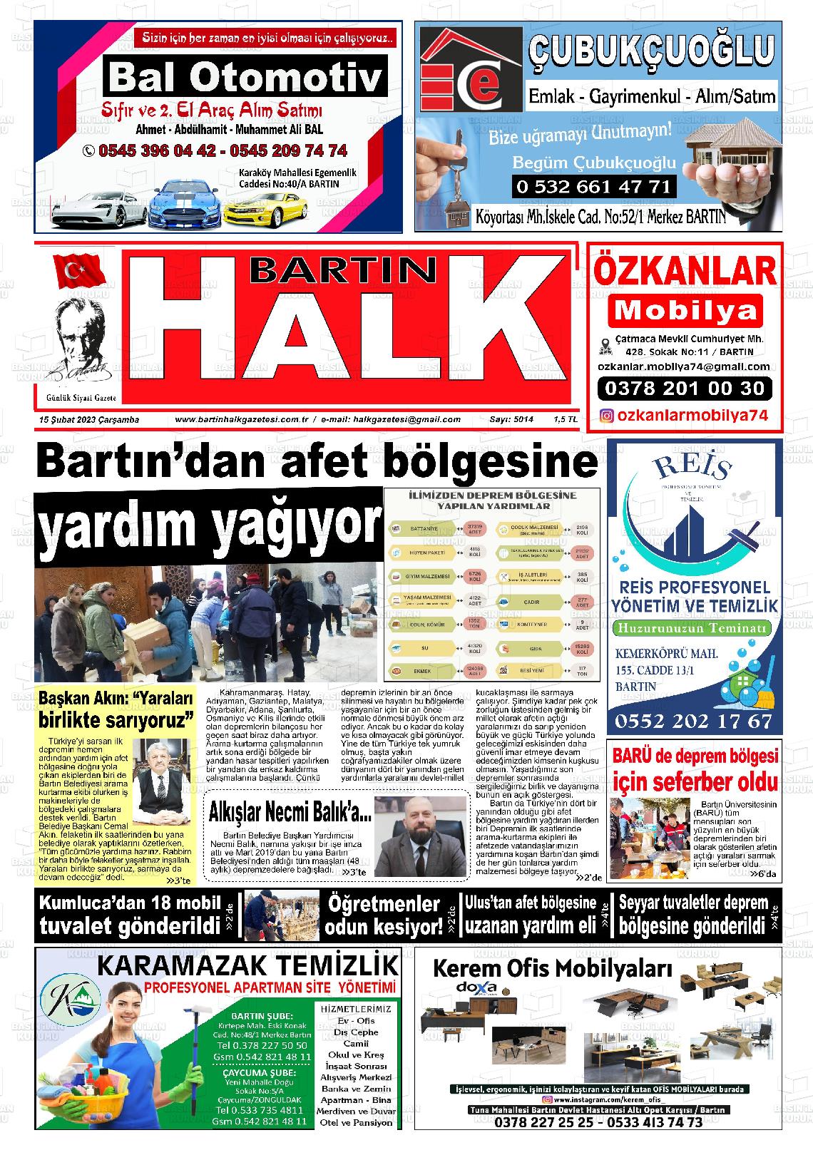 15 Şubat 2023 Bartın Halk Gazete Manşeti