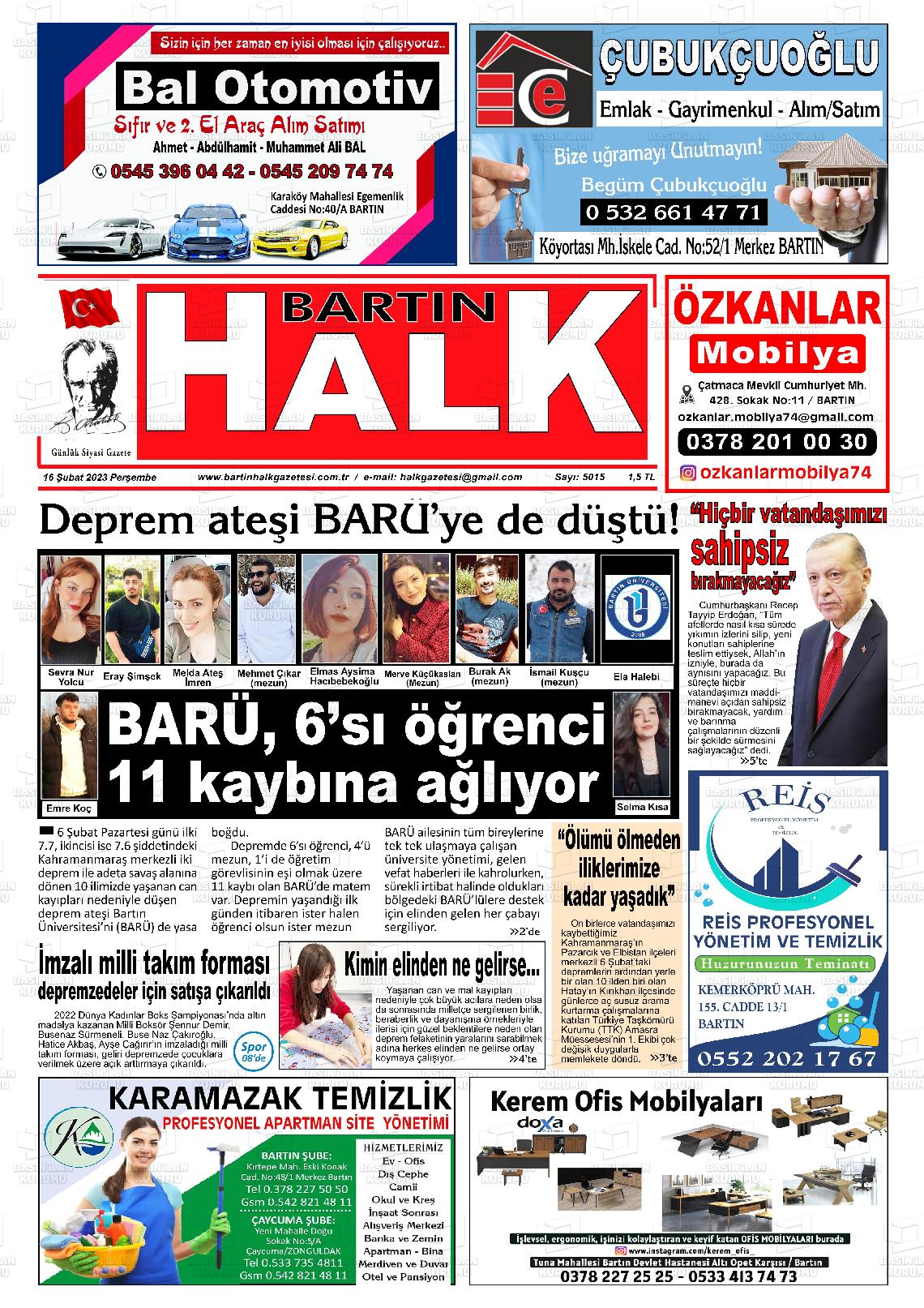 16 Şubat 2023 Bartın Halk Gazete Manşeti