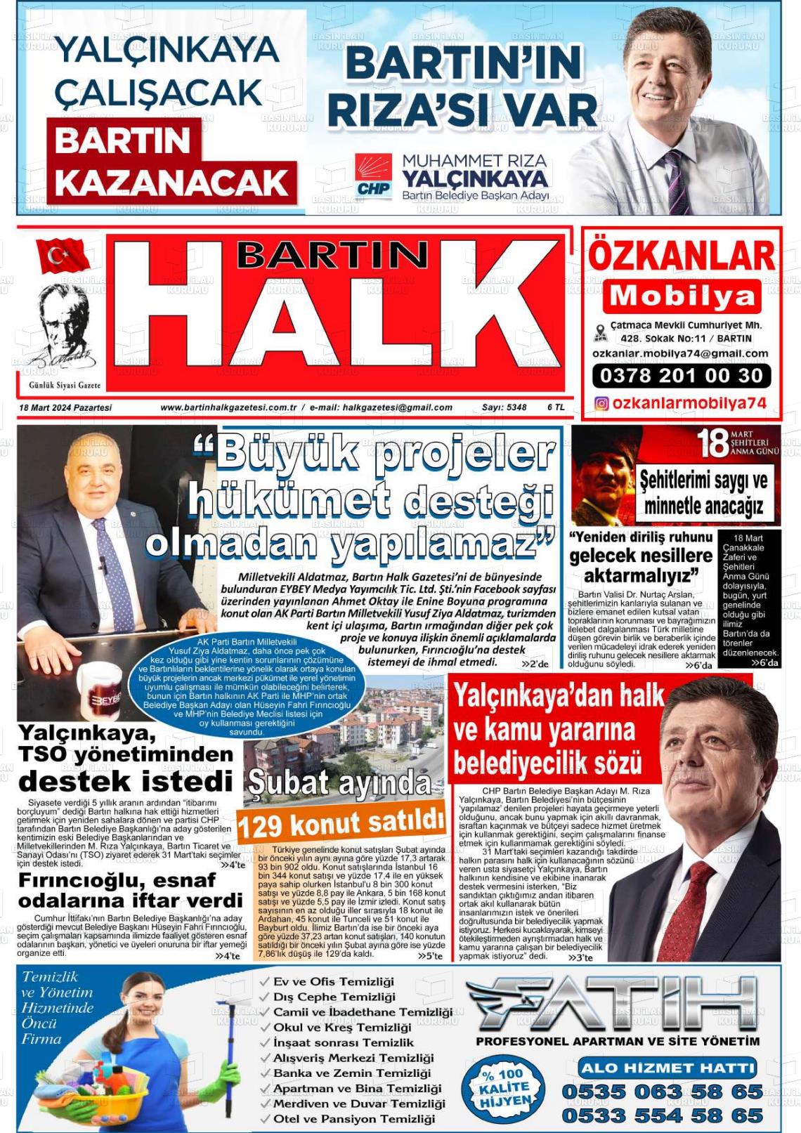 18 Mart 2024 Bartın Halk Gazete Manşeti