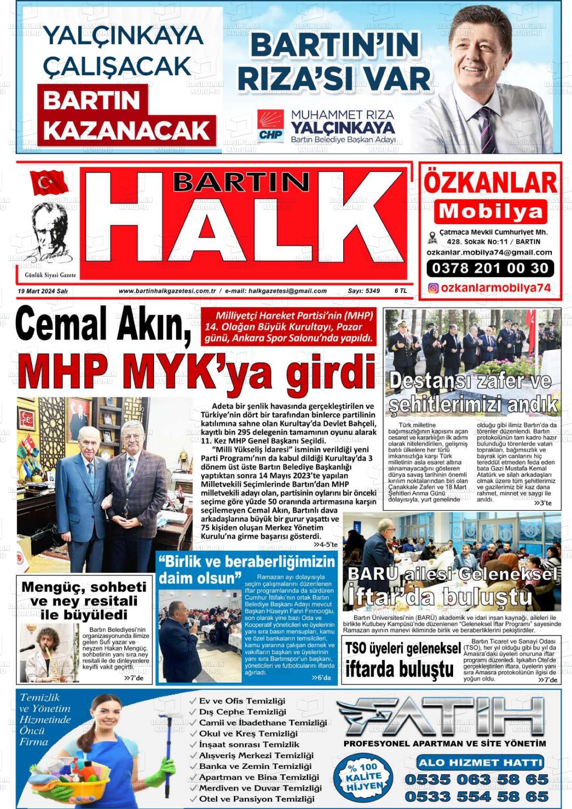 19 Mart 2024 Bartın Halk Gazete Manşeti