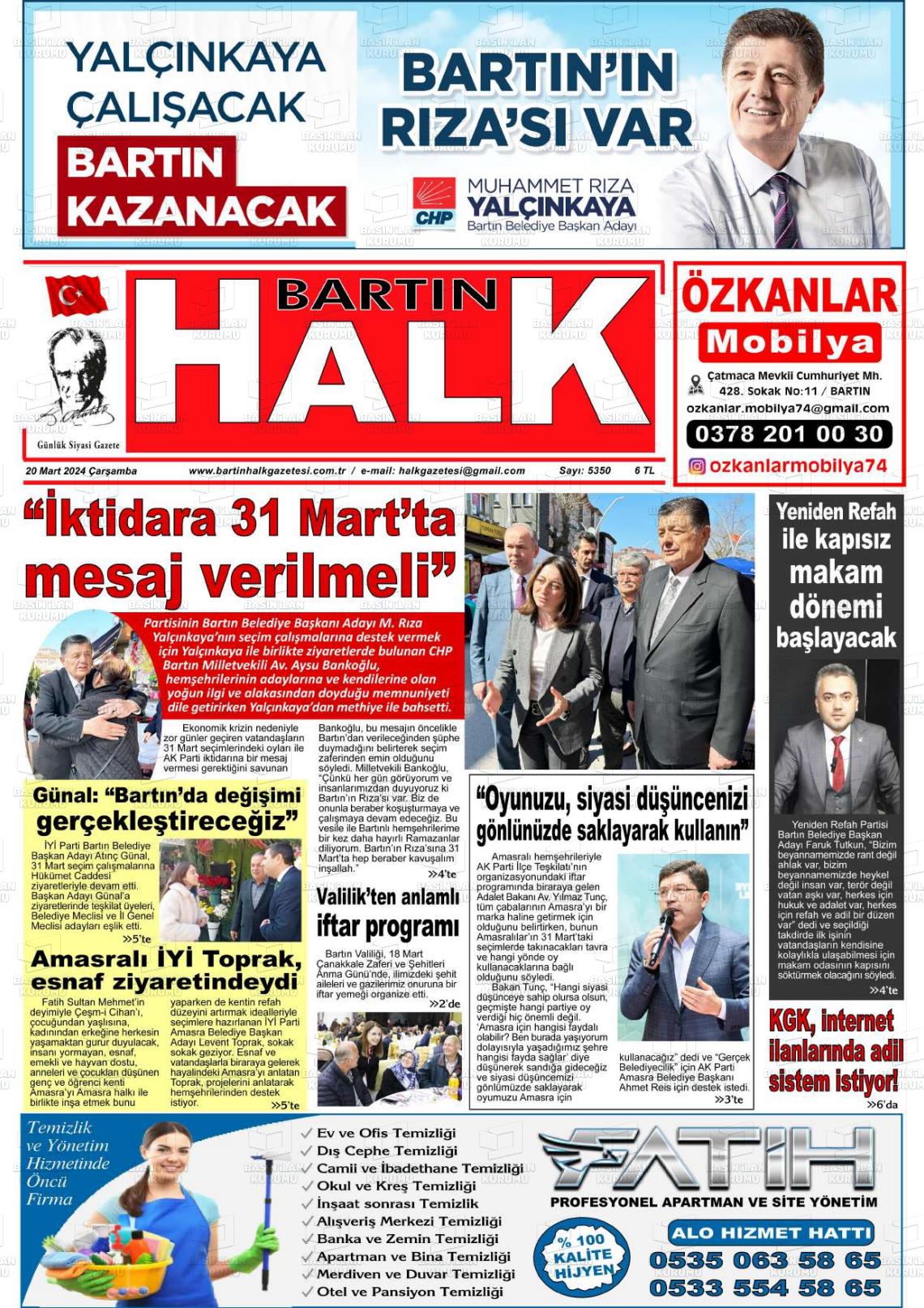 20 Mart 2024 Bartın Halk Gazete Manşeti