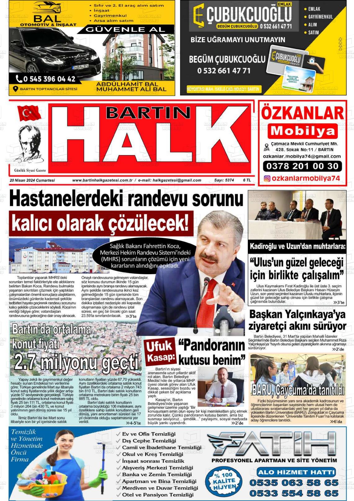 20 Nisan 2024 Bartın Halk Gazete Manşeti