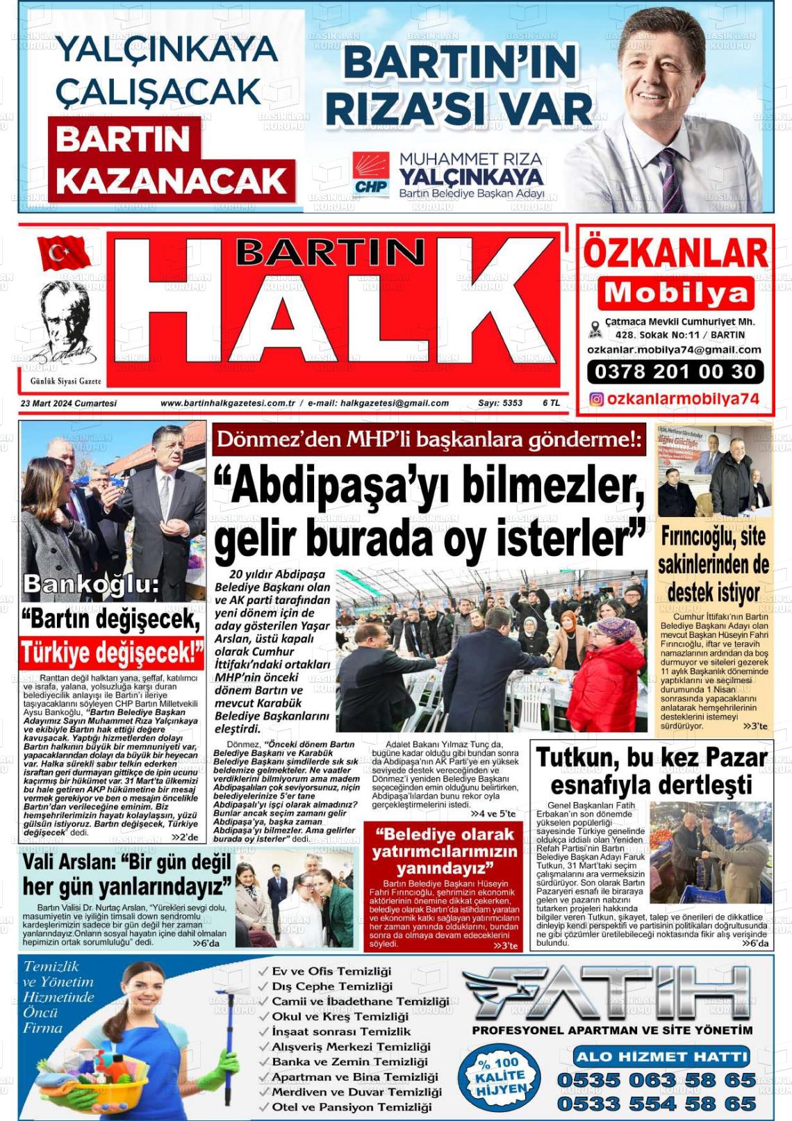 23 Mart 2024 Bartın Halk Gazete Manşeti