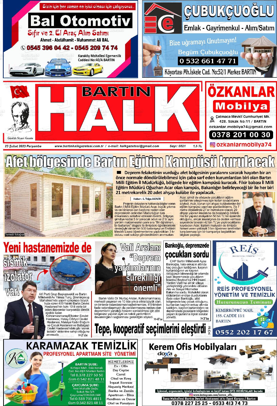 26 Şubat 2023 Bartın Halk Gazete Manşeti