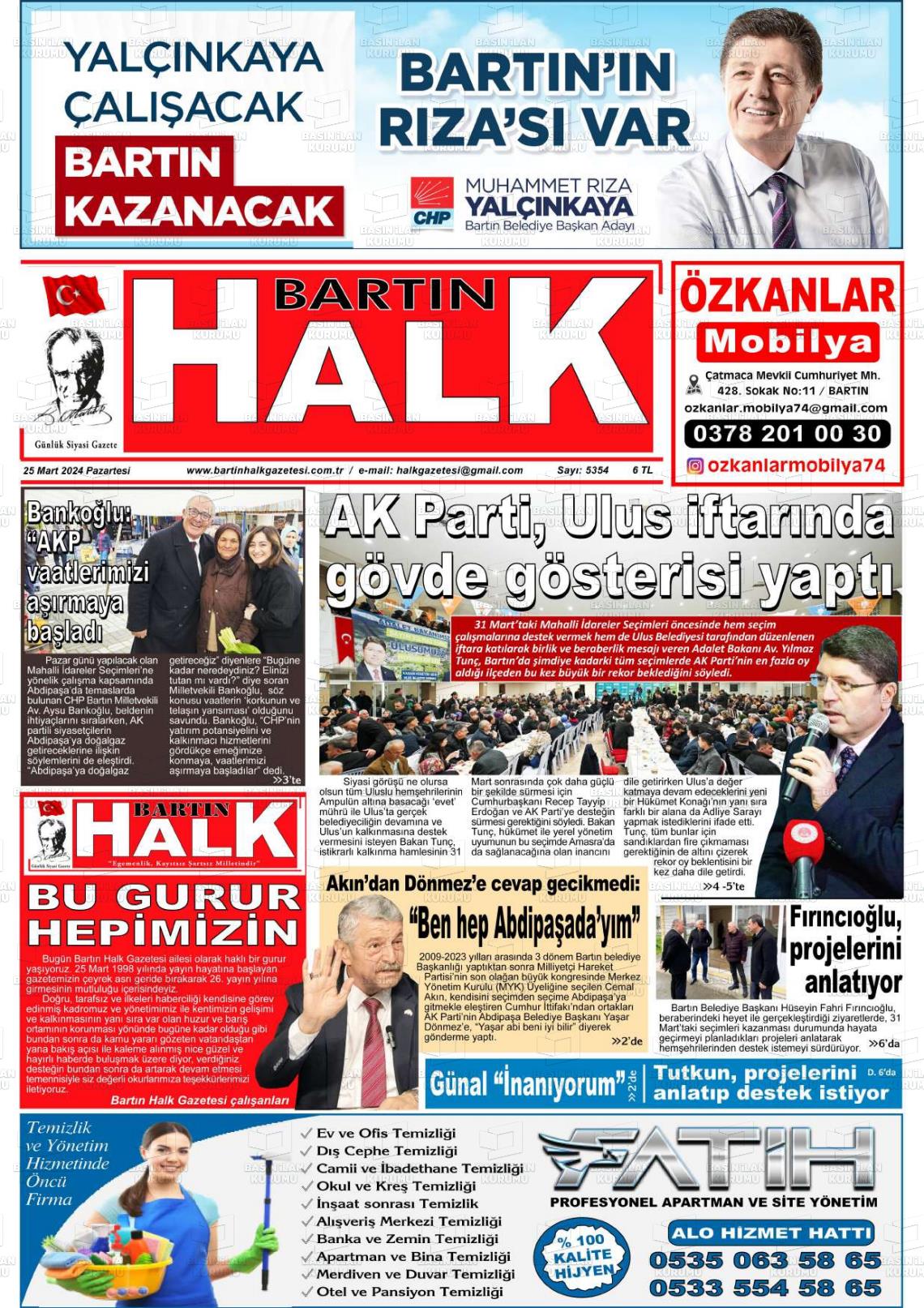 25 Mart 2024 Bartın Halk Gazete Manşeti