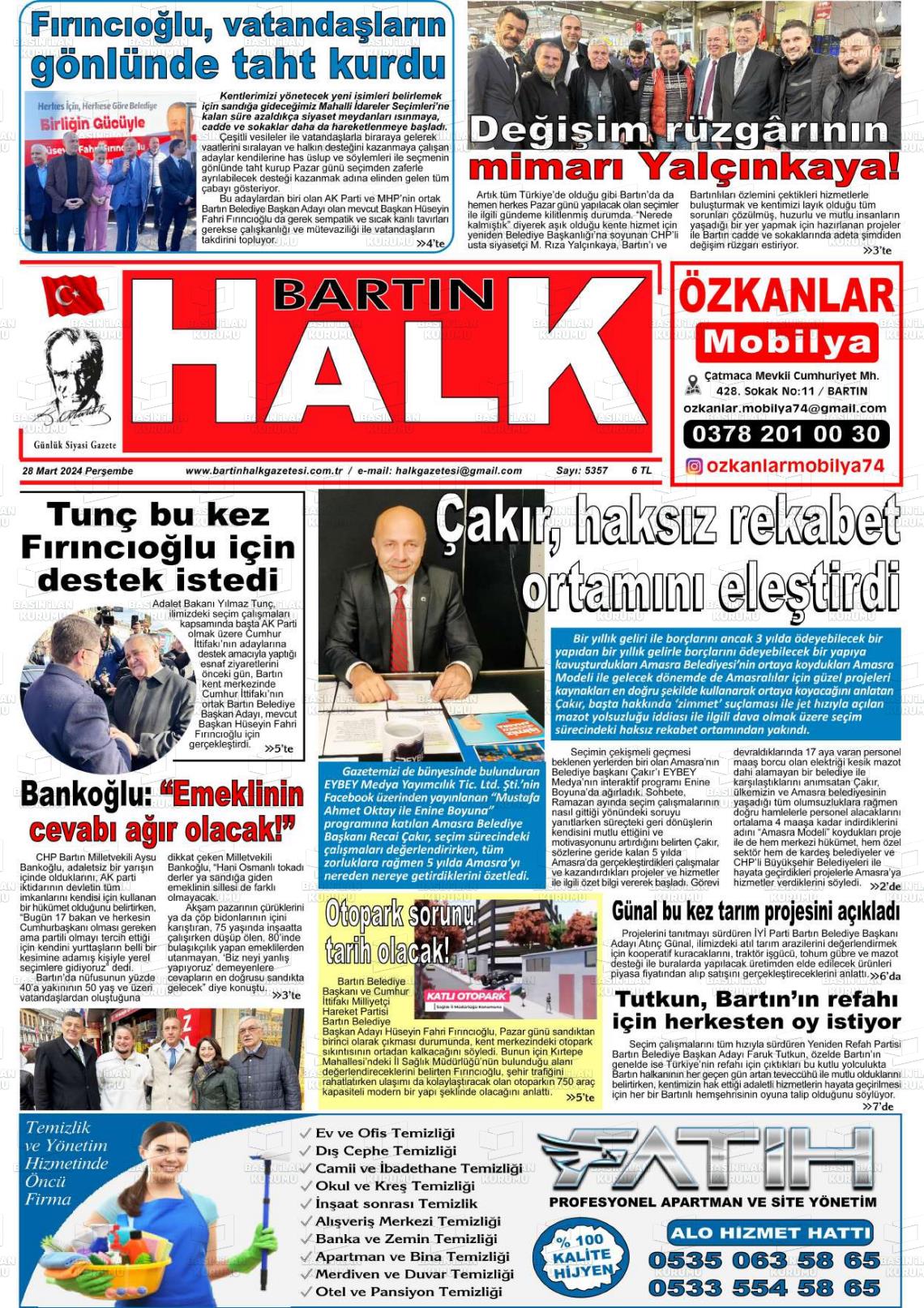 28 Mart 2024 Bartın Halk Gazete Manşeti